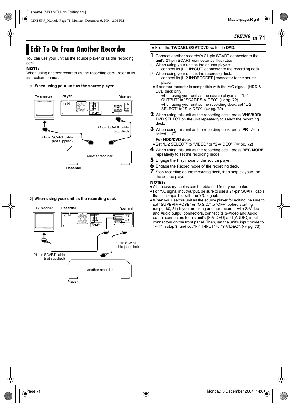 Edit to or from another recorder | JVC DR-MX1S User Manual | Page 71 / 100