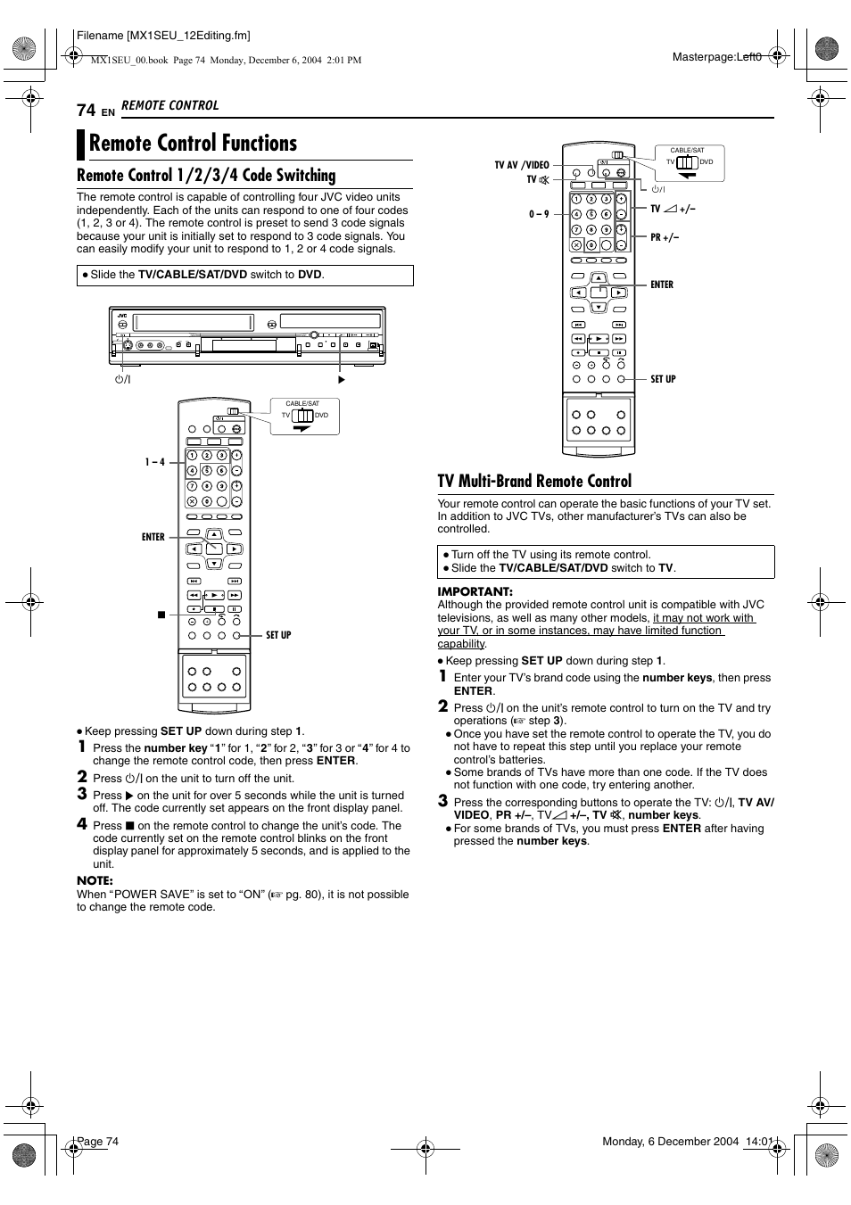 Remote control, Remote control functions, A pg. 74 | A pg. 74), Remote control 1/2/3/4 code switching, Tv multi-brand remote control | JVC DR-MX1S User Manual | Page 74 / 100