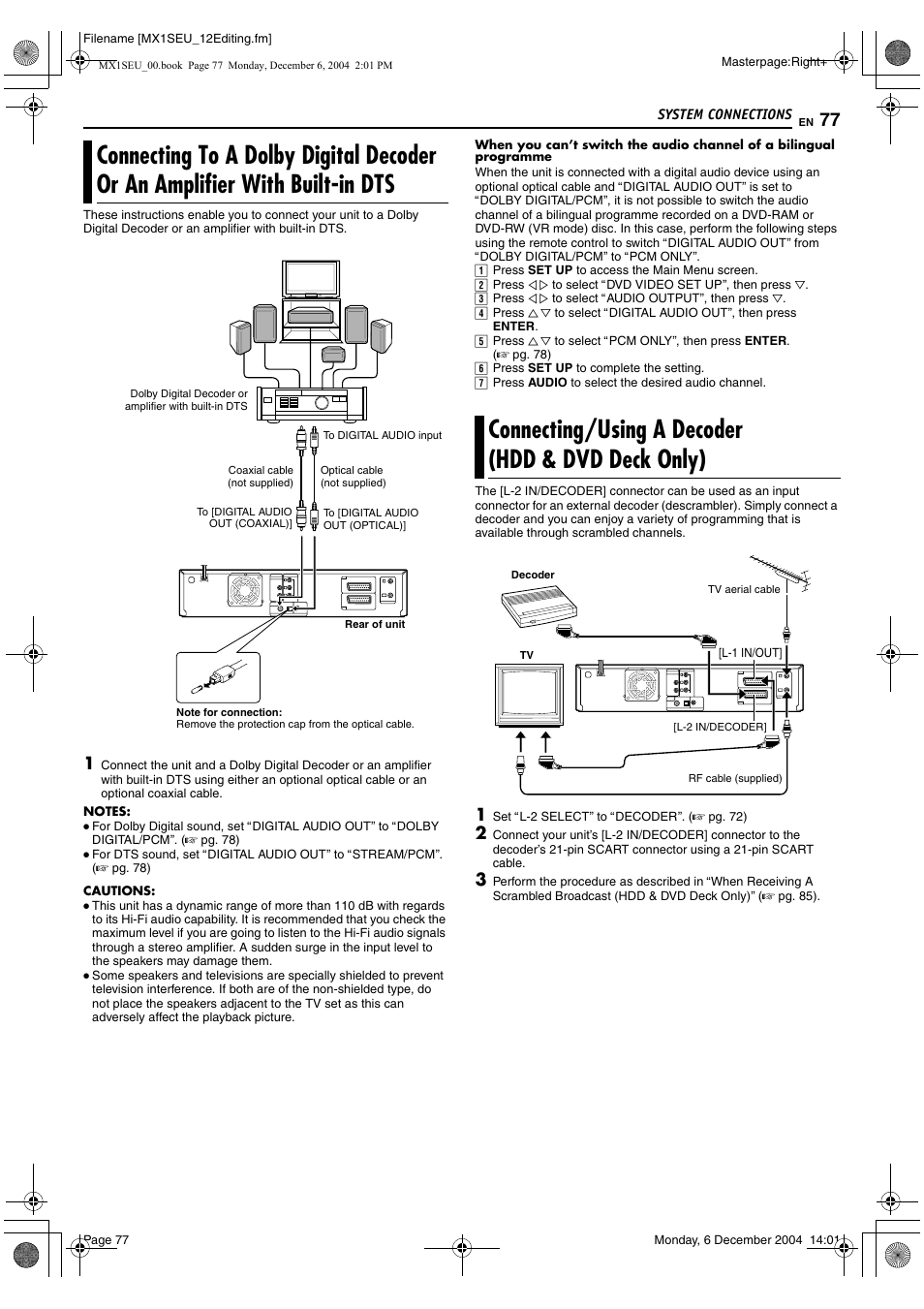 Connecting/using a decoder (hdd & dvd deck only), Connecting to a dolby digital decoder or, An amplifier with built-in dts | Connecting/using a decoder, Hdd & dvd deck only), Vr mode) disc. (a pg. 77) in | JVC DR-MX1S User Manual | Page 77 / 100