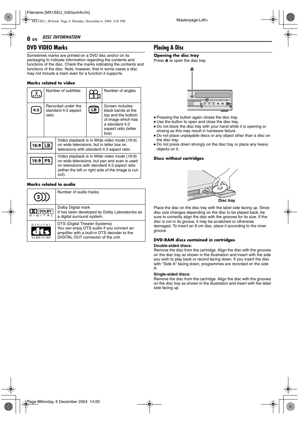 Dvd video marks, Placing a disc, Disc information | JVC DR-MX1S User Manual | Page 8 / 100