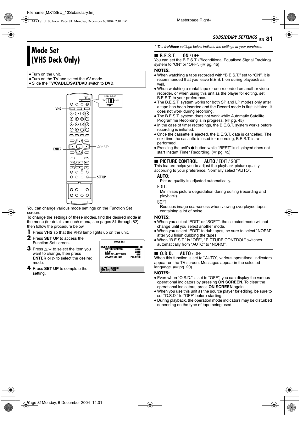 Mode set (vhs deck only), A pg. 81), 81) if y | JVC DR-MX1S User Manual | Page 81 / 100
