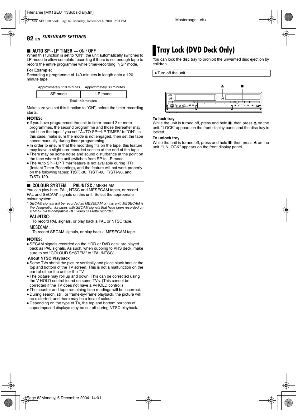 Tray lock (dvd deck only), Recorded. (a pg. 82) when dub, Gh 82) | JVC DR-MX1S User Manual | Page 82 / 100