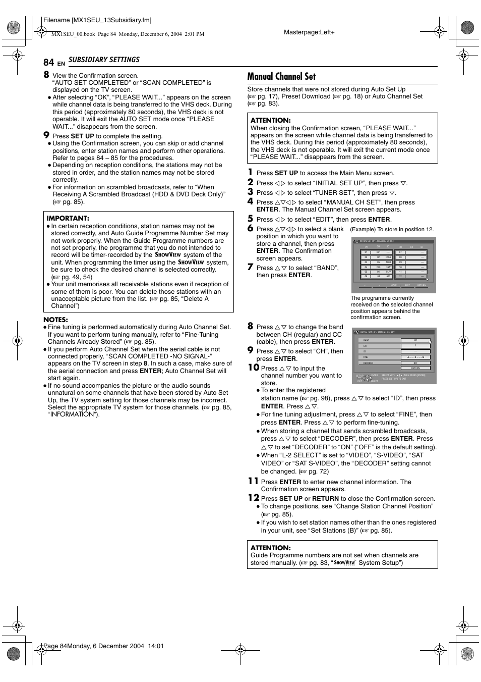 Manual channel set, Subsidiary settings | JVC DR-MX1S User Manual | Page 84 / 100