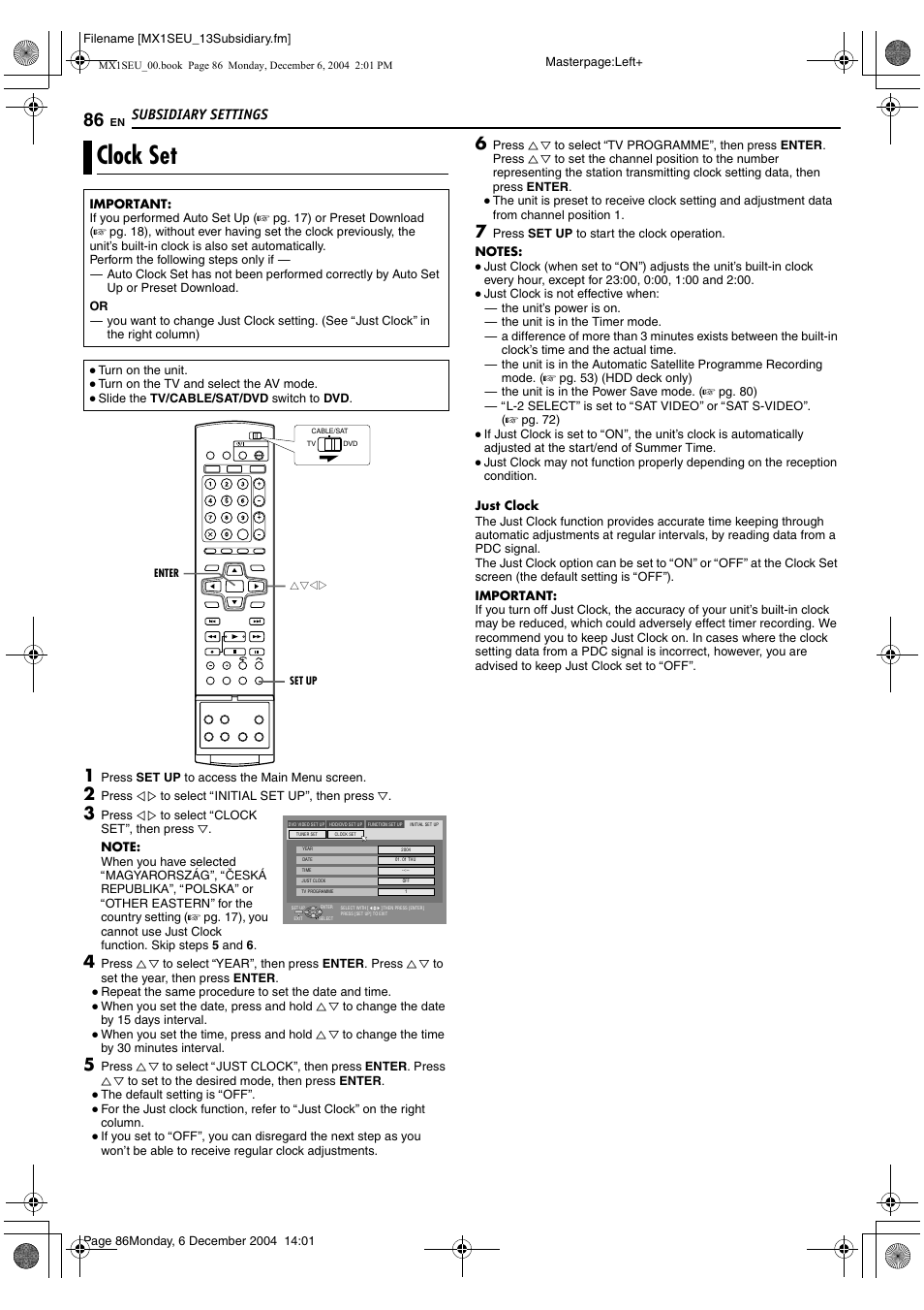 Clock set, A pg. 86), Ually (a pg. 86), then go | K setting (a pg. 86), Aclock setb (a pg. 86), K (a pg. 86) doe, K function (a pg. 86) d, Subsidiary settings | JVC DR-MX1S User Manual | Page 86 / 100