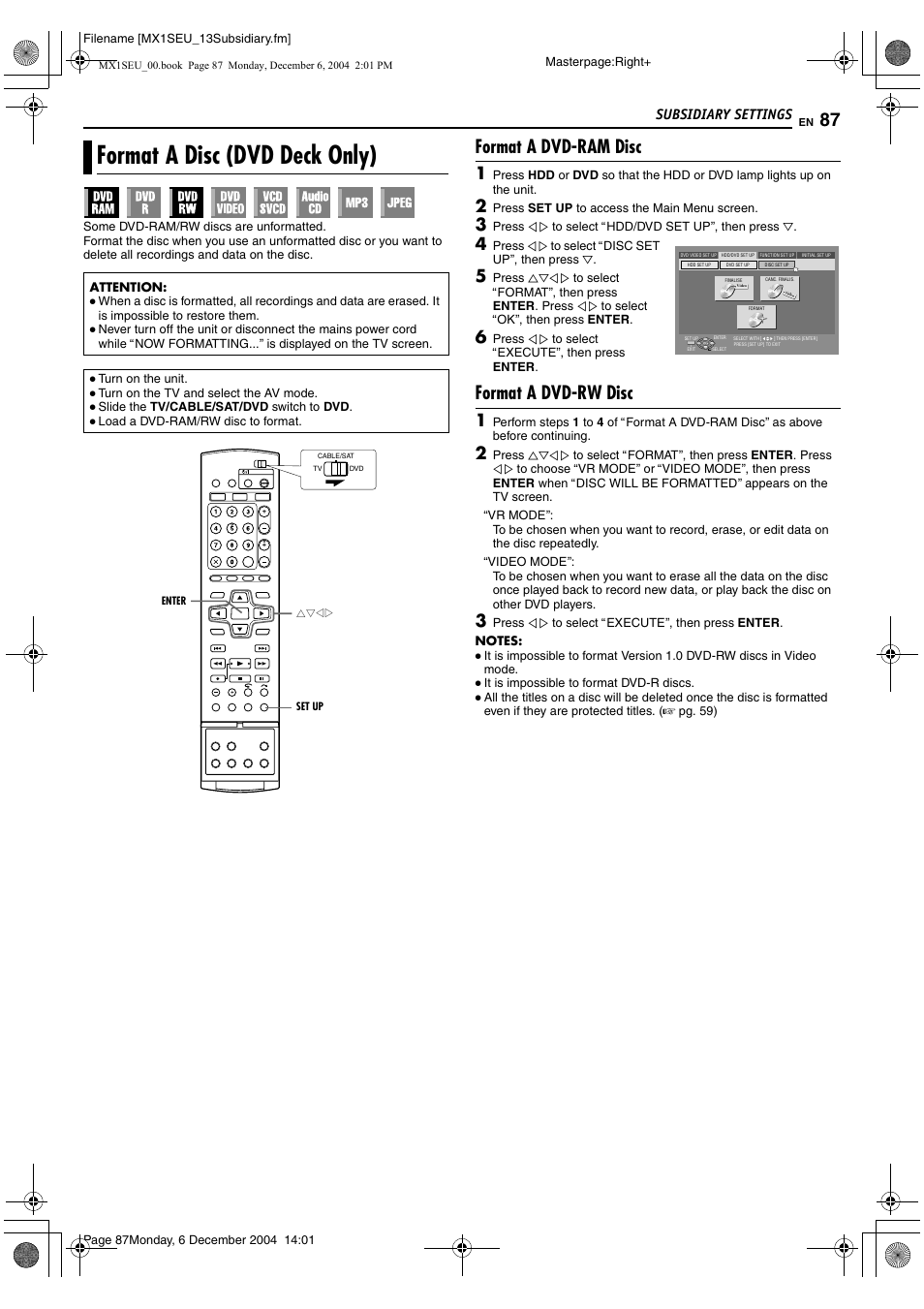 Format a disc (dvd deck only), A pg. 87, A pg. 87) | A pg. 87, 88), Format a dvd-ram disc, Format a dvd-rw disc, Subsidiary settings | JVC DR-MX1S User Manual | Page 87 / 100