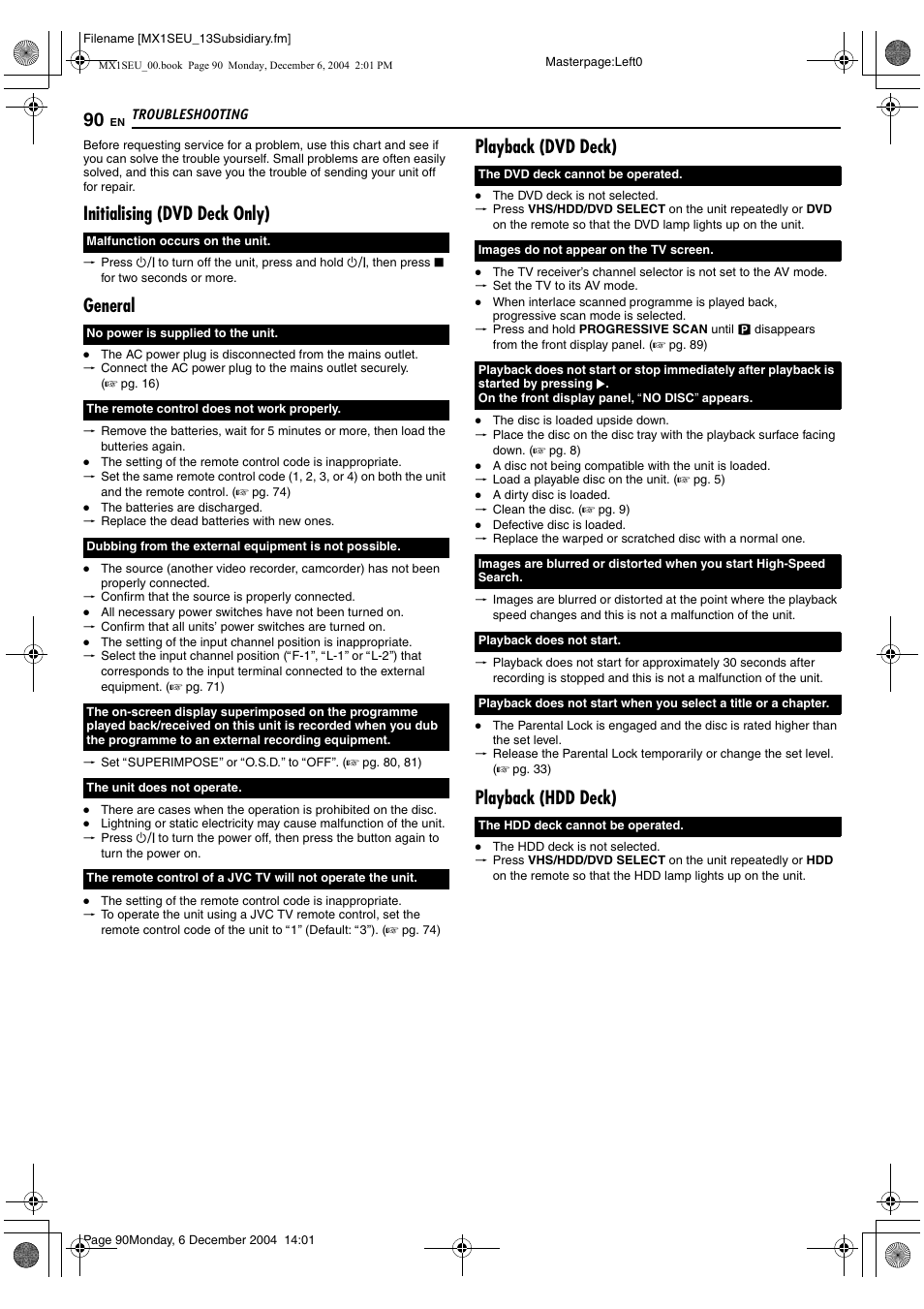 Troubleshooting, Initialising (dvd deck only), General | Playback (dvd deck), Playback (hdd deck) | JVC DR-MX1S User Manual | Page 90 / 100
