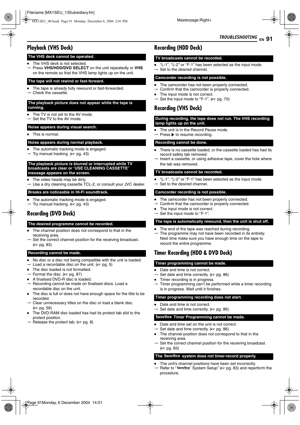 Playback (vhs deck), Recording (dvd deck), Recording (hdd deck) | Recording (vhs deck), Timer recording (hdd & dvd deck) | JVC DR-MX1S User Manual | Page 91 / 100