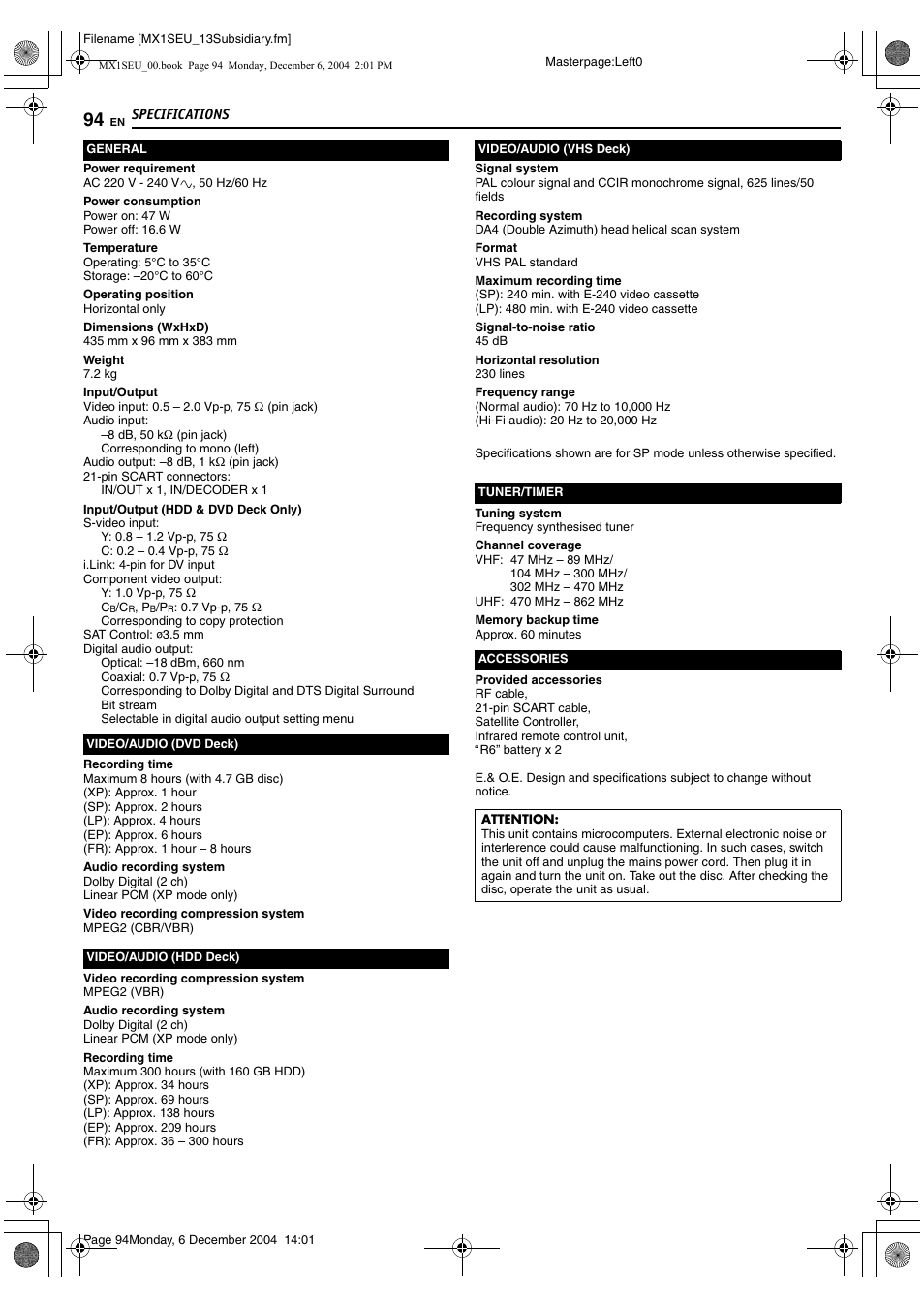 Specifications, Aspecificationsb (a pg. 94) | JVC DR-MX1S User Manual | Page 94 / 100