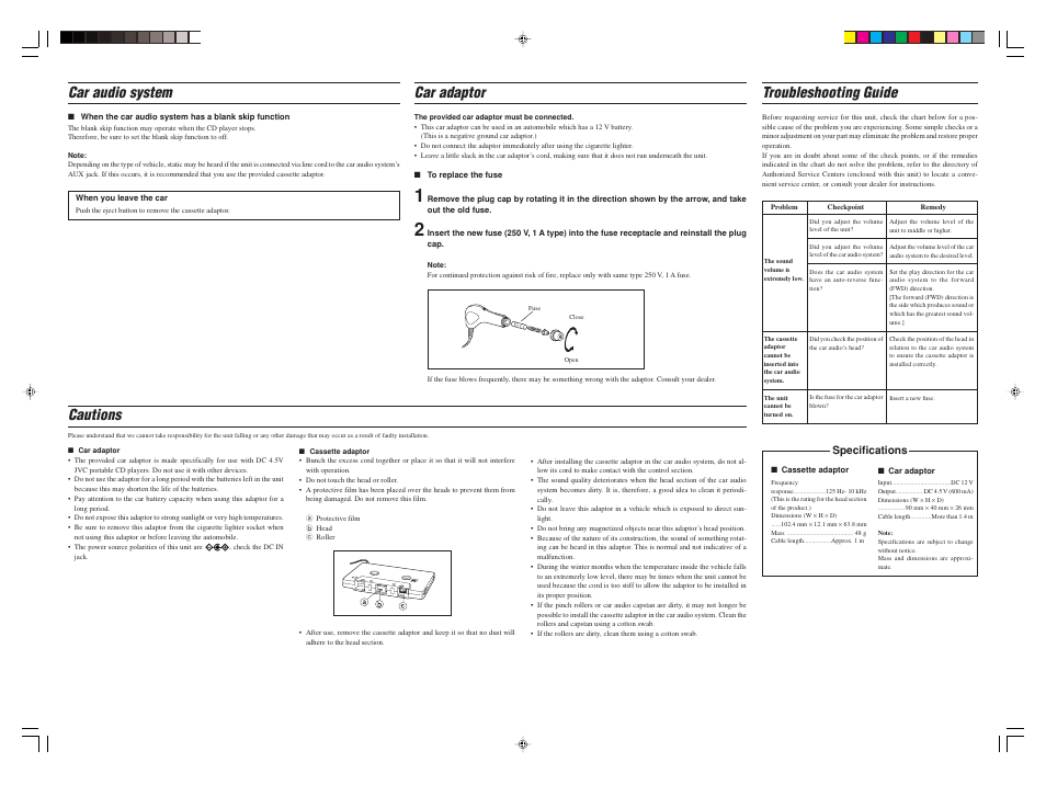 Car audio system, Car adaptor, Troubleshooting guide | Cautions, Specifications | JVC CAR KIT CA-RC7 User Manual | Page 2 / 2