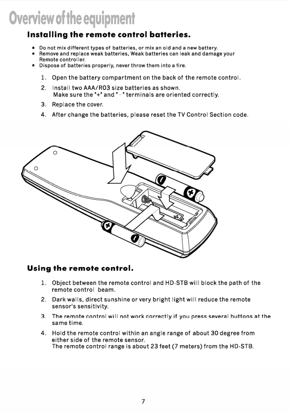 Installing the remote control batteries, Using the remote control, Overviewof the equipment | JVC DVB TU-HD500A User Manual | Page 12 / 47