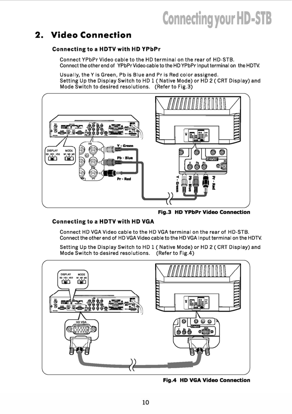 Video connection, Connecting to a hdtv with hd ypbpr, Connecting to a hdtv with hd vga | Connecting your hd-stb | JVC DVB TU-HD500A User Manual | Page 15 / 47