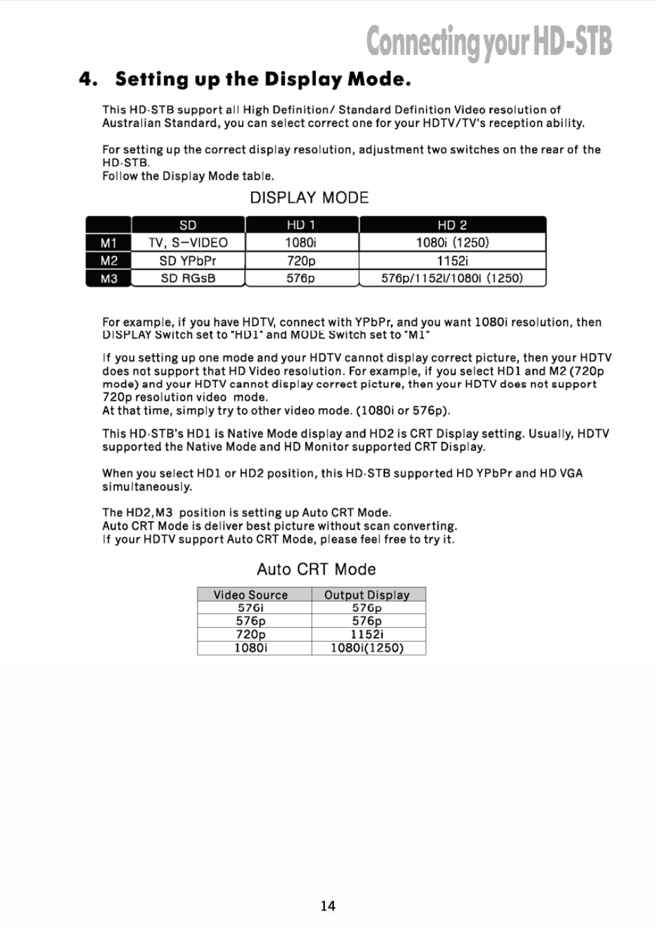 Setting up the display mode, Display mode, Auto crt mode | Connecting your hd-stb | JVC DVB TU-HD500A User Manual | Page 19 / 47