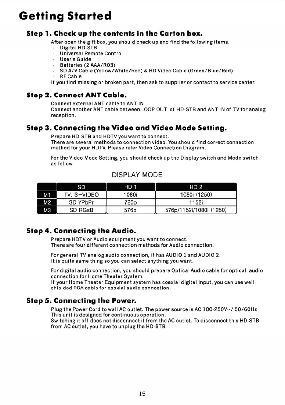 Step 1. check up the contents in the corton box, Step 2. connect ant coble, Display mode | Step 4. connecting the audio, Step 5. connecting the power, Display dimmer, Getting started | JVC DVB TU-HD500A User Manual | Page 20 / 47