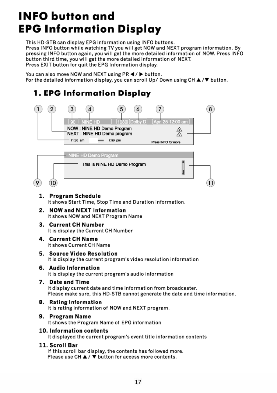 Epg information display, Program schedule, Now and next information | Currentch number, Currentch name, Source video resolution, Audio information, Date and time, Rating information, Program name | JVC DVB TU-HD500A User Manual | Page 22 / 47