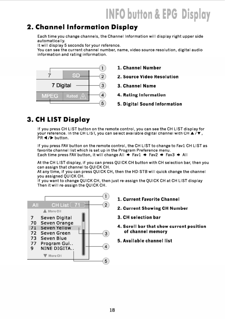 Channel information display, 7 digital, Ch list display | Info button & epg display | JVC DVB TU-HD500A User Manual | Page 23 / 47