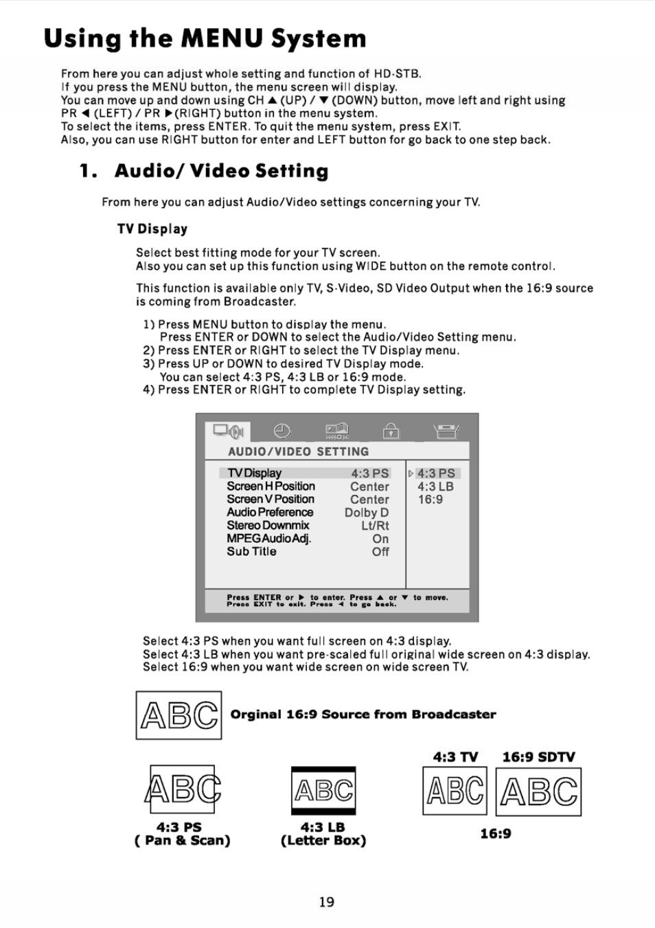 Audio/video setting, Using the menu system | JVC DVB TU-HD500A User Manual | Page 24 / 47