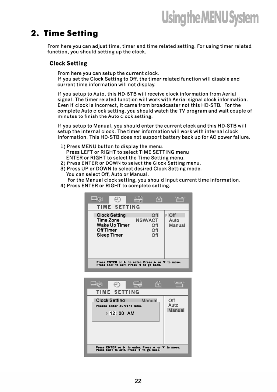 Time setting, Clock setting, 2) time setting | Usinglhemenusyslem | JVC DVB TU-HD500A User Manual | Page 27 / 47