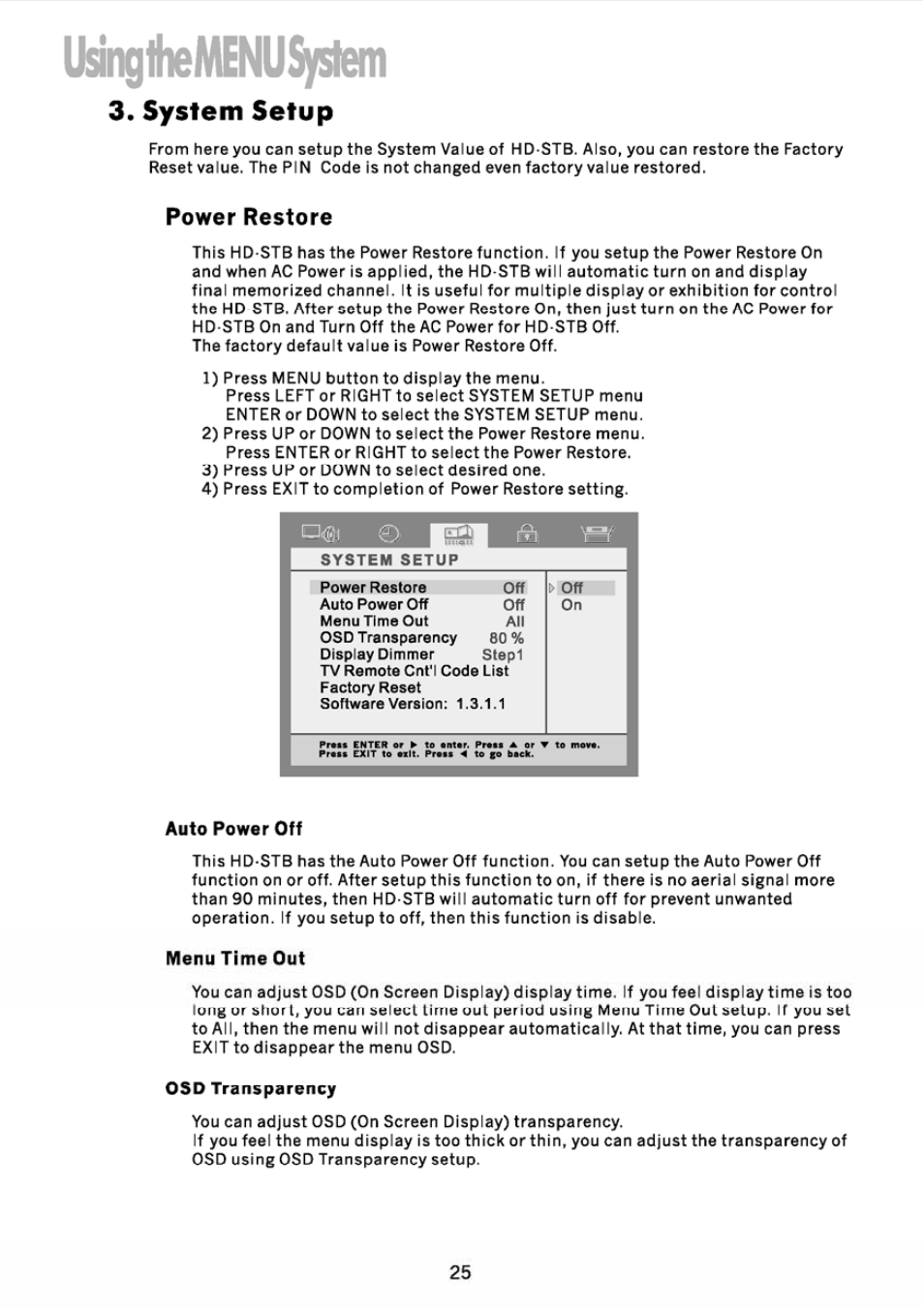System setup, Power restore, Auto power off | Osd transparency, 3) system setup, 1 ^ 1 ьемеми$у$ 1 ш, Menu time out | JVC DVB TU-HD500A User Manual | Page 30 / 47