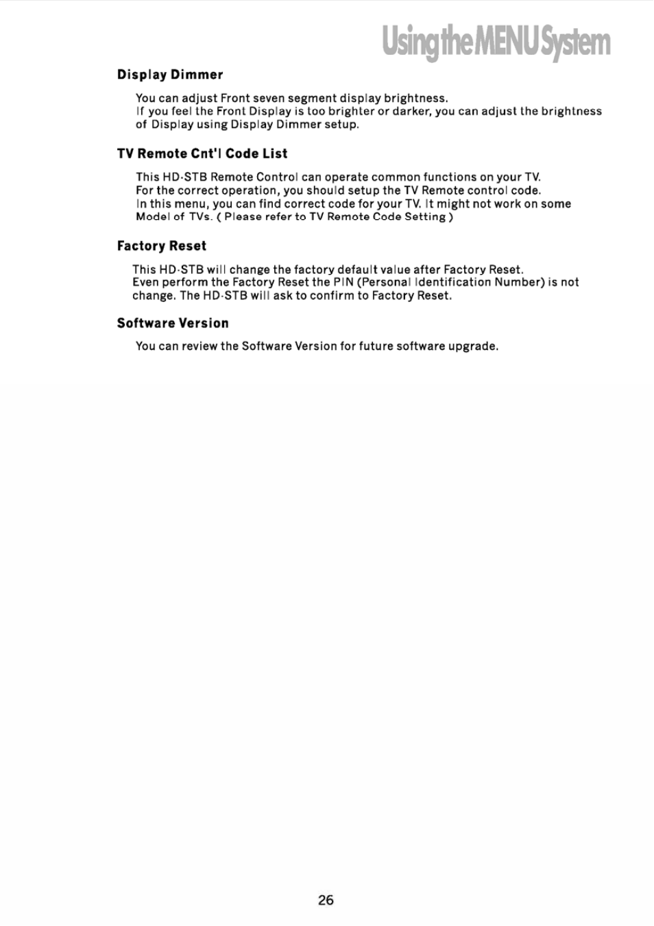 Tv remote cnt'l code list, Software version, Usinglhemenusystem | JVC DVB TU-HD500A User Manual | Page 31 / 47