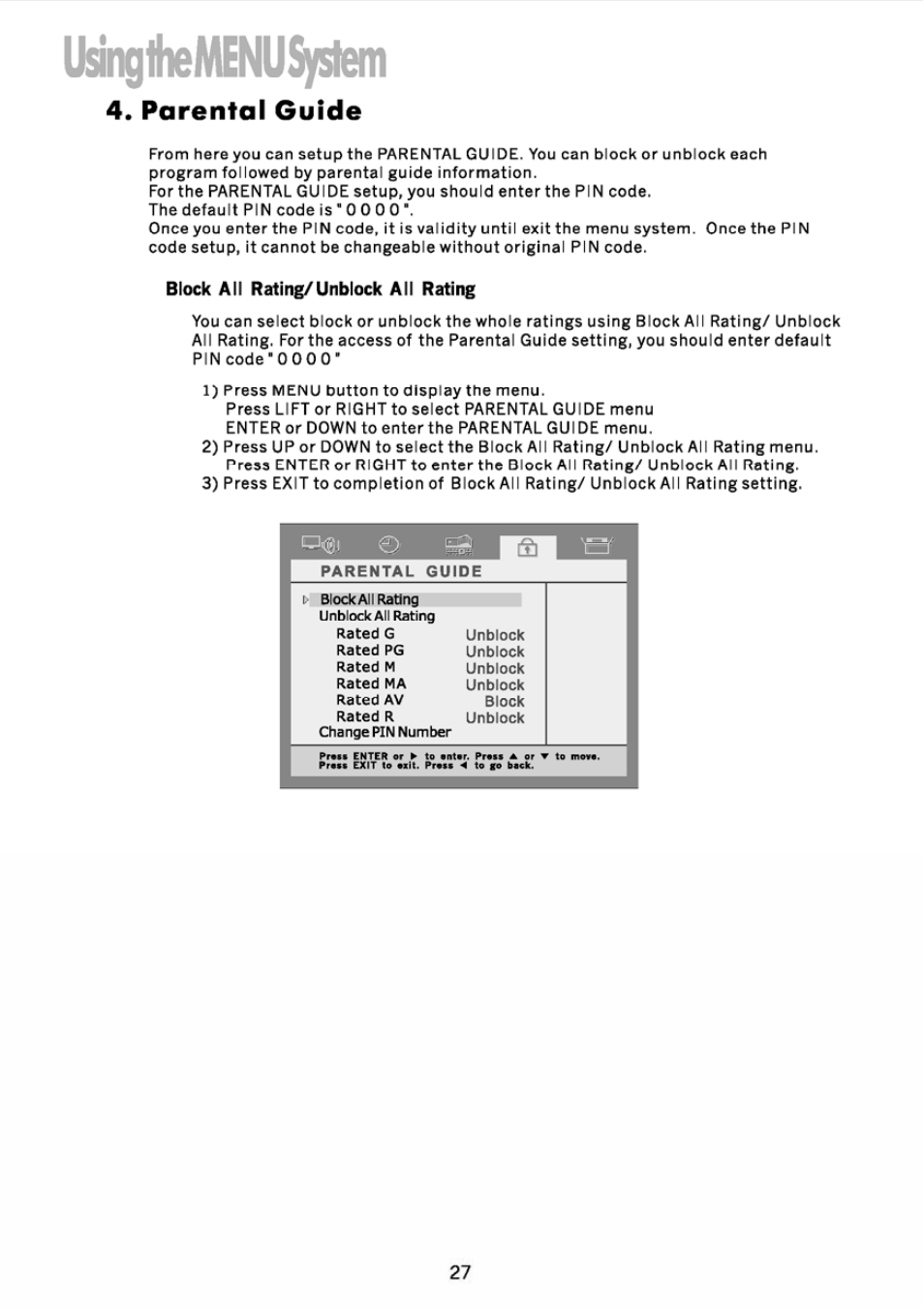 Parental guide, Block all rating/unblock all rating, 4) parental guide | Block al i rating/ unblock al i rating, 1 ^ 1 ьемеми$у 51 ш | JVC DVB TU-HD500A User Manual | Page 32 / 47