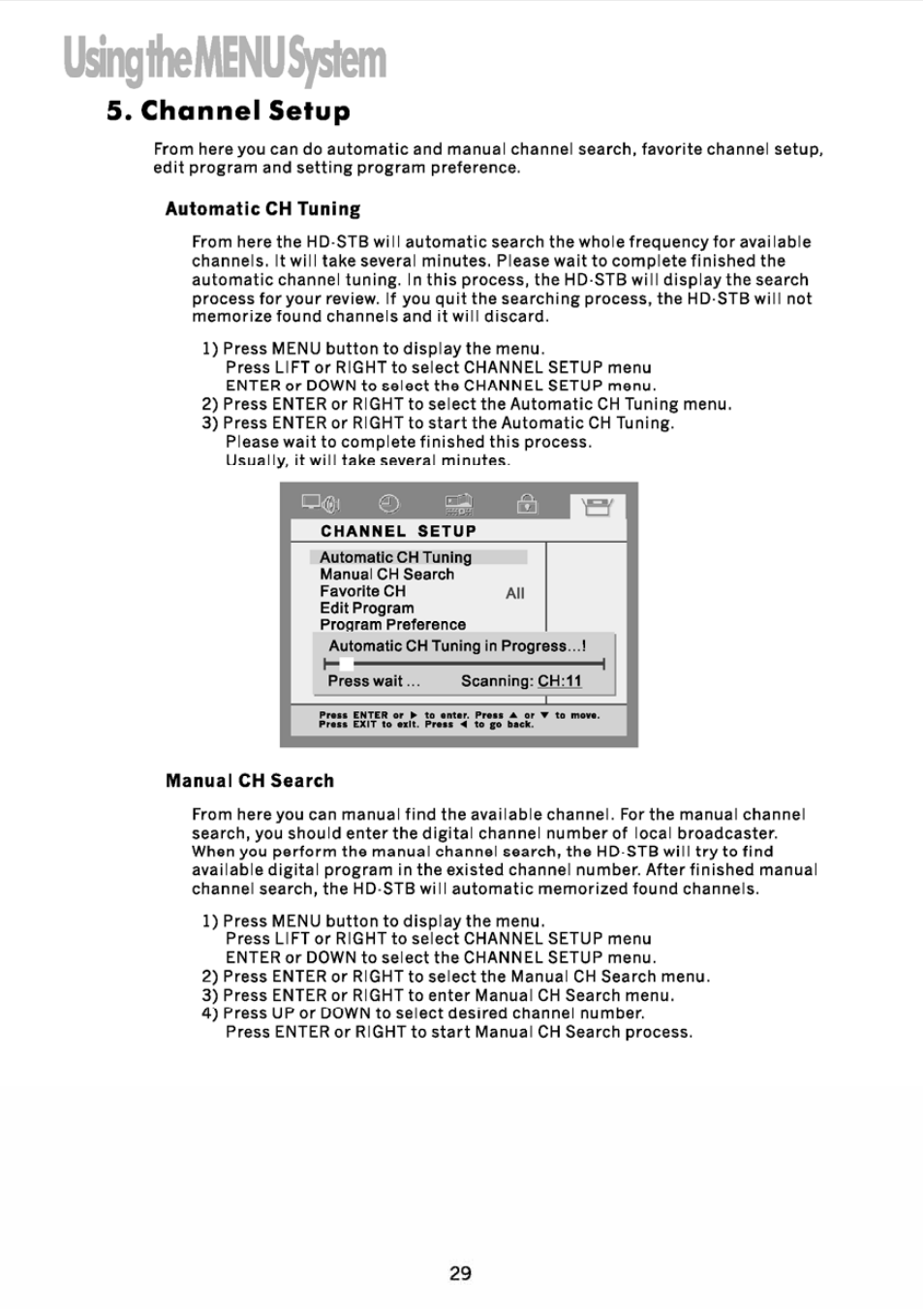 Channel setup, Automatic ch tuning, 5) channel setup | L^lhemenusysicm | JVC DVB TU-HD500A User Manual | Page 34 / 47