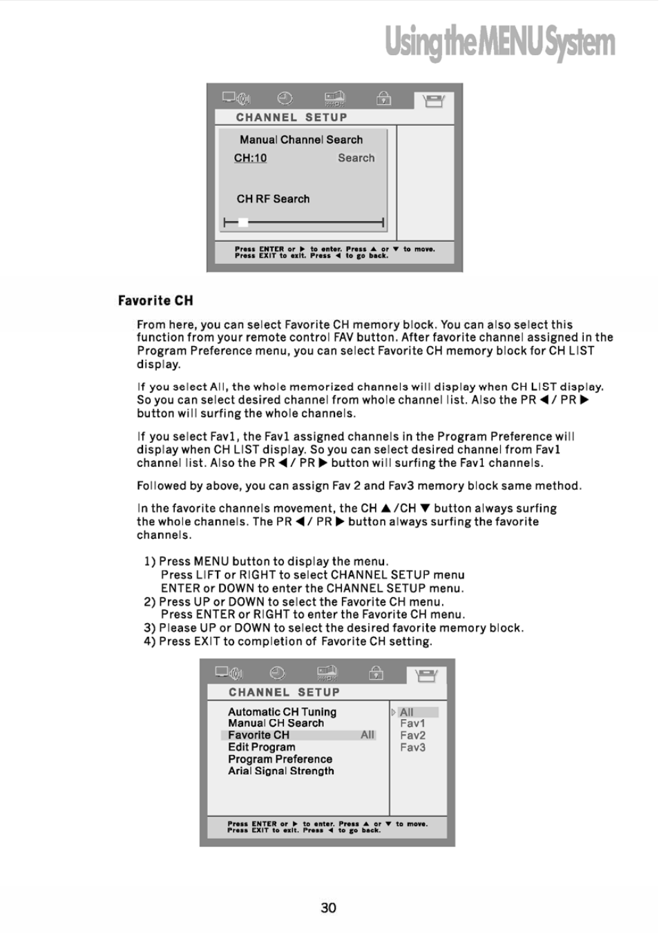 Favorite ch, Usinglhemenusyslem | JVC DVB TU-HD500A User Manual | Page 35 / 47