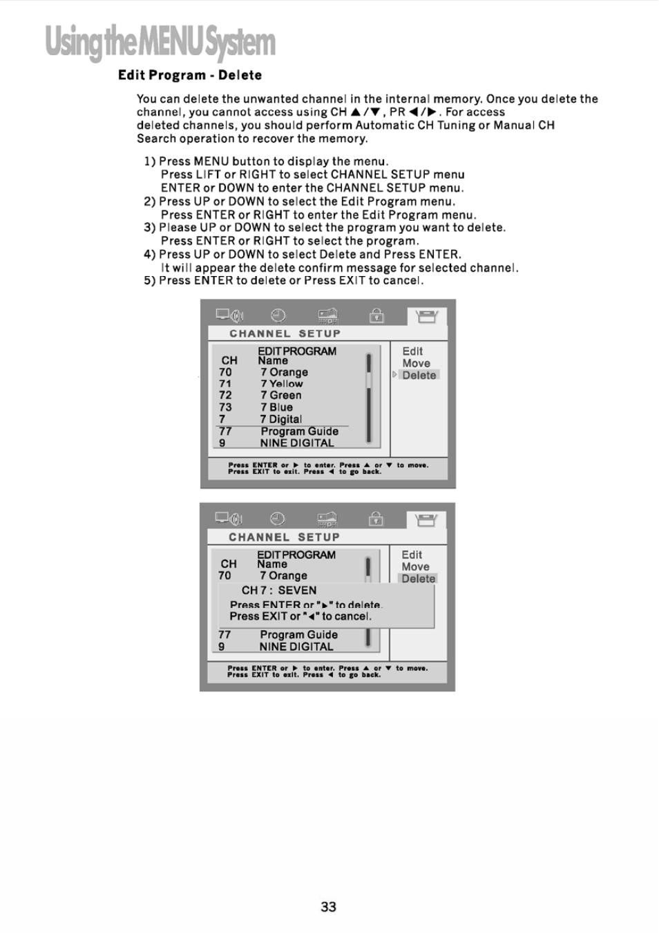 Inglhemenusystem, Ffll i2i, Edit program - delete | JVC DVB TU-HD500A User Manual | Page 38 / 47