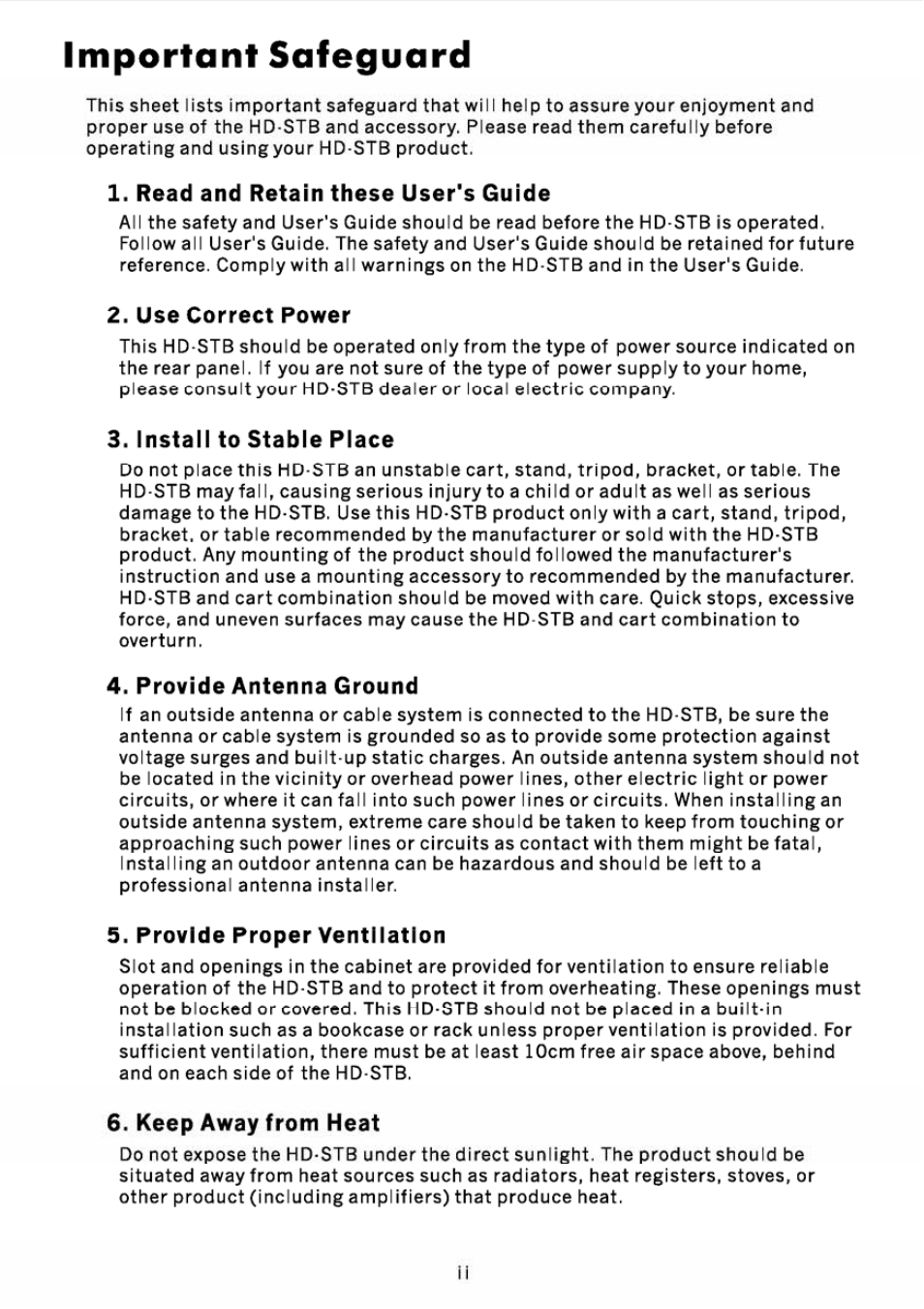 Read and retain these user's guide, Use correct power, Install to stable place | Provide antenna ground, Provide proper ventilation, Keep away from heat, Important safeguard | JVC DVB TU-HD500A User Manual | Page 4 / 47