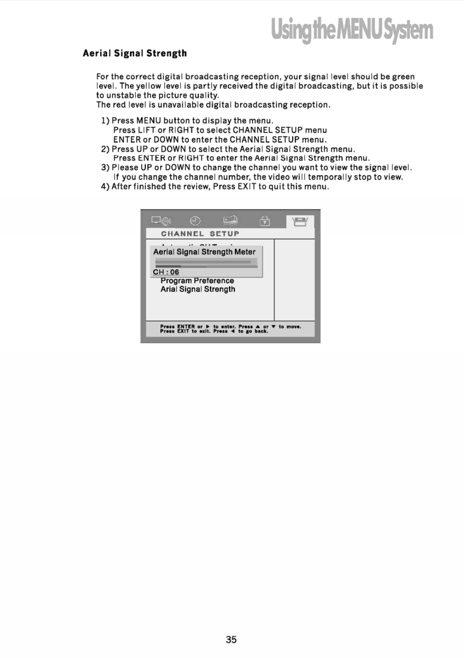 Aerial signal strength, Gj. 0, Usinglhemenusystem | JVC DVB TU-HD500A User Manual | Page 40 / 47