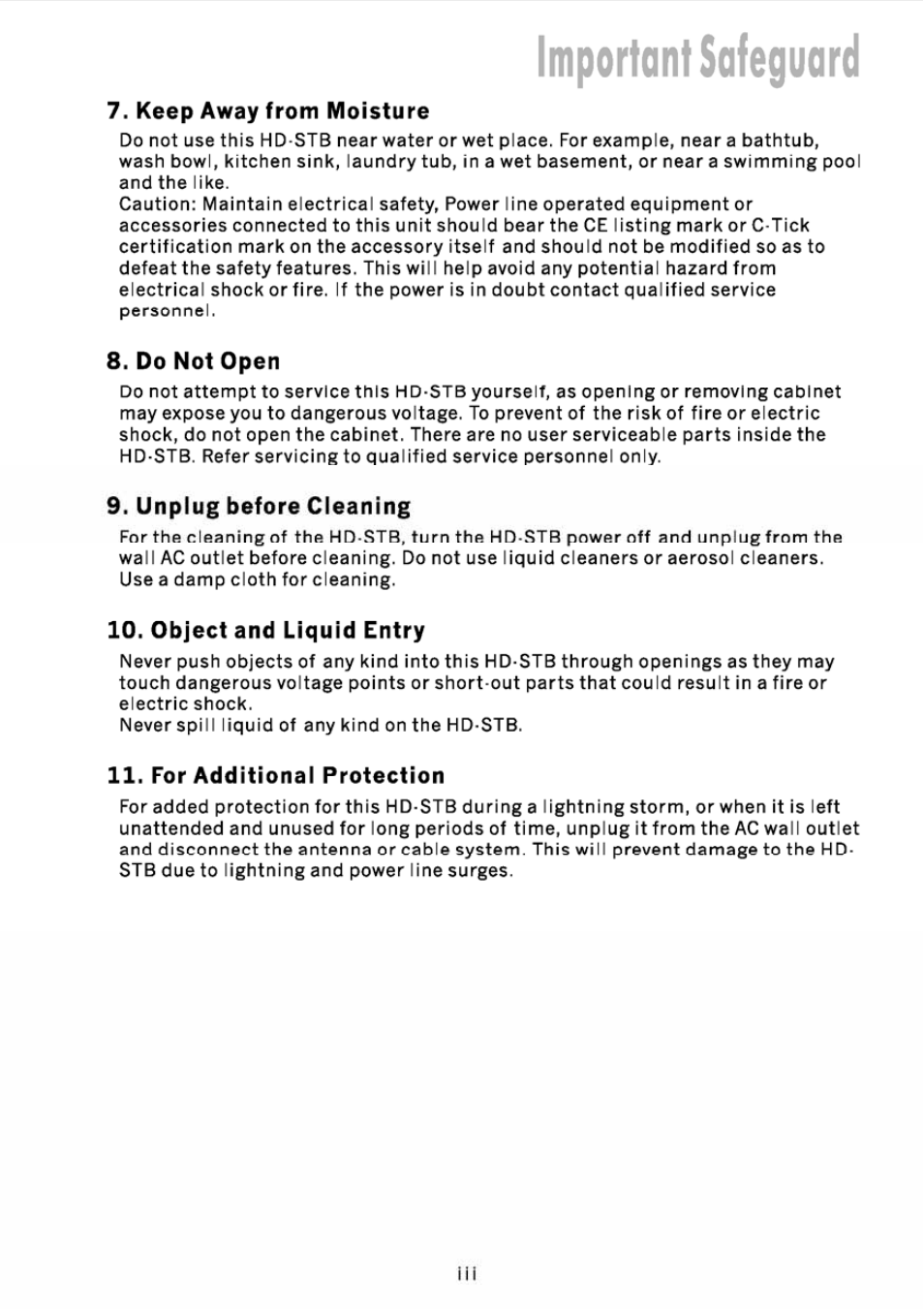 Keep away from moisture, Do not open, Unplug before cleaning | Object and liquid entry, For additional protection, Important safeguard | JVC DVB TU-HD500A User Manual | Page 5 / 47