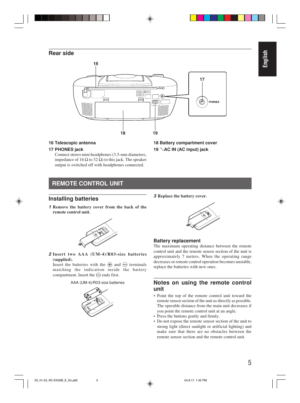 Remote control unit, English | JVC RC-EX30B User Manual | Page 10 / 144