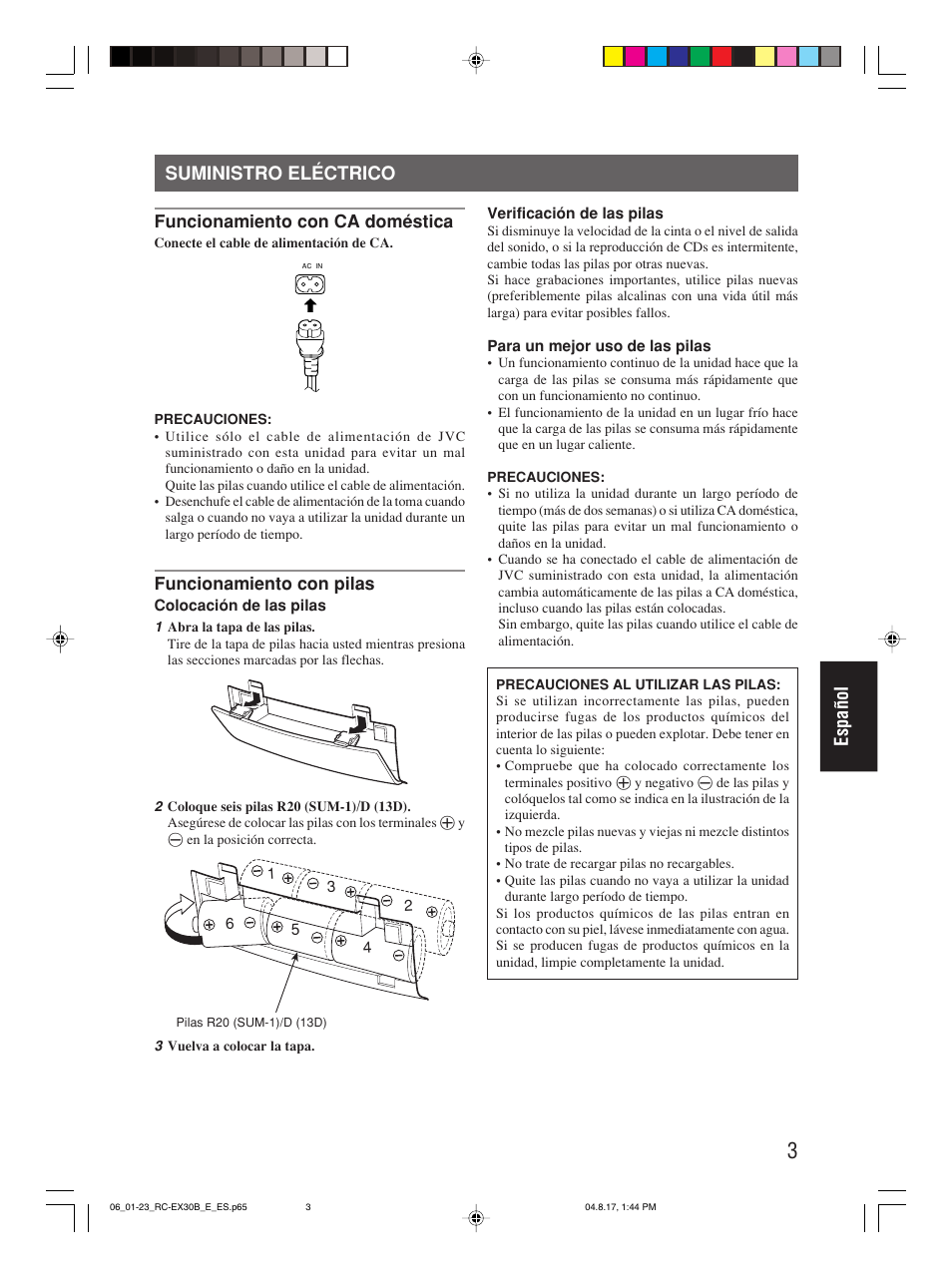 Suministro eléctrico, Español | JVC RC-EX30B User Manual | Page 100 / 144