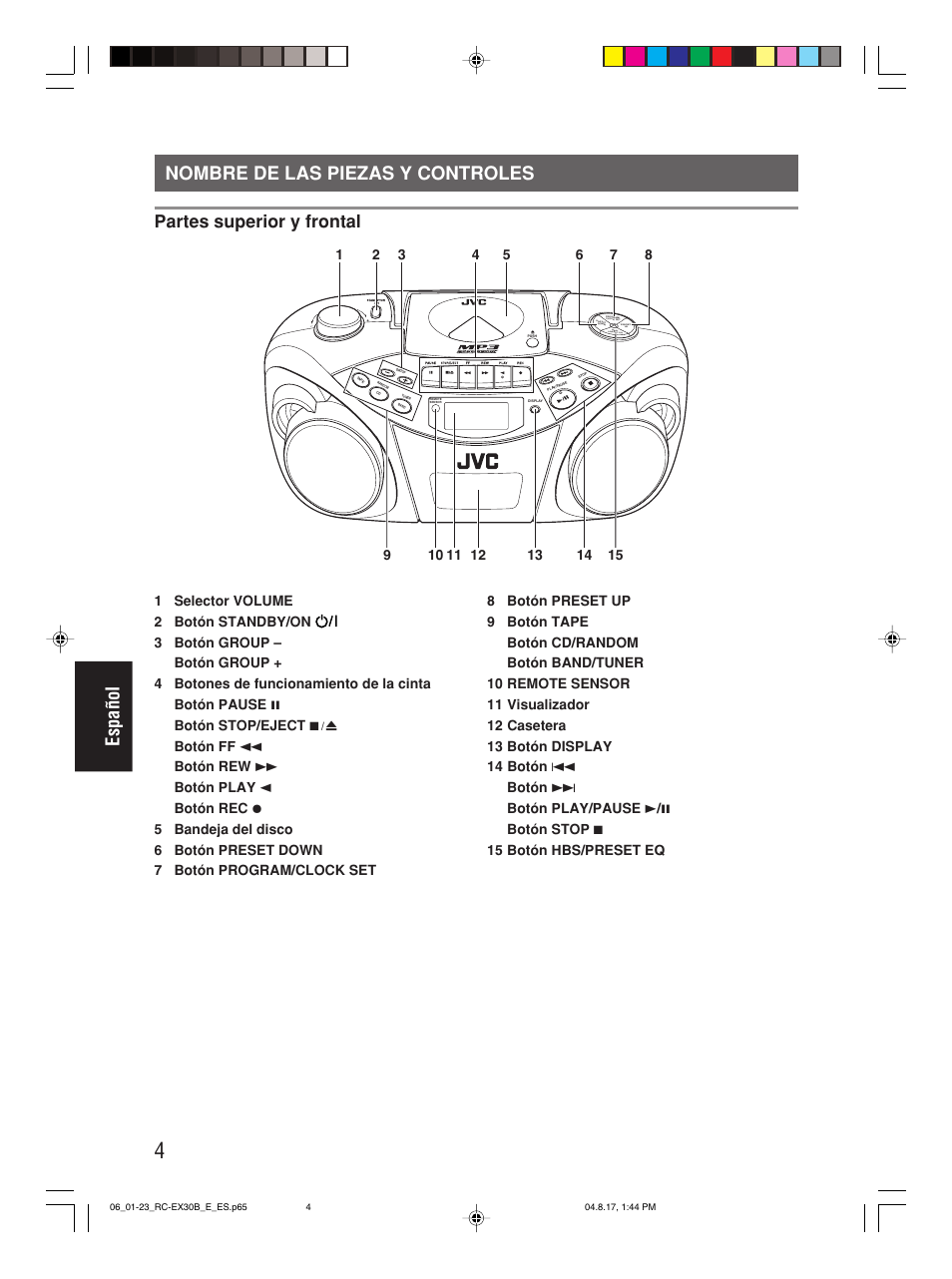 Nombre de las piezas y controles, Español nombre de las piezas y controles, Partes superior y frontal | JVC RC-EX30B User Manual | Page 101 / 144