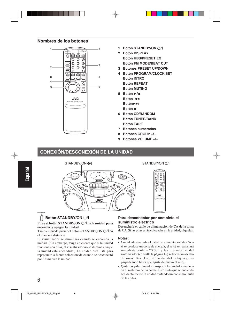 Conexión/desconexión de la unidad, Español conexión/desconexión de la unidad, Nombres de los botones | Botón standby/on, Program/ clock set hbs/ preset eq, Over cd/ random tuner/ band group, Standby/on | JVC RC-EX30B User Manual | Page 103 / 144