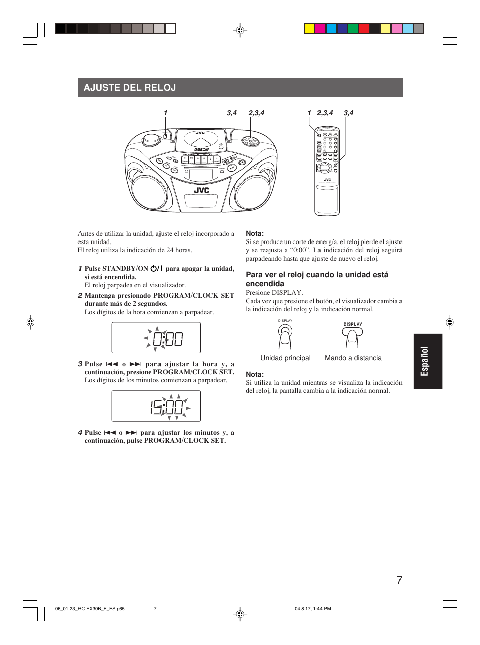 Ajuste del reloj, Español ajuste del reloj, Para ver el reloj cuando la unidad está encendida | Program/ clock set hbs/ preset eq, Over cd/ random tuner/ band group | JVC RC-EX30B User Manual | Page 104 / 144