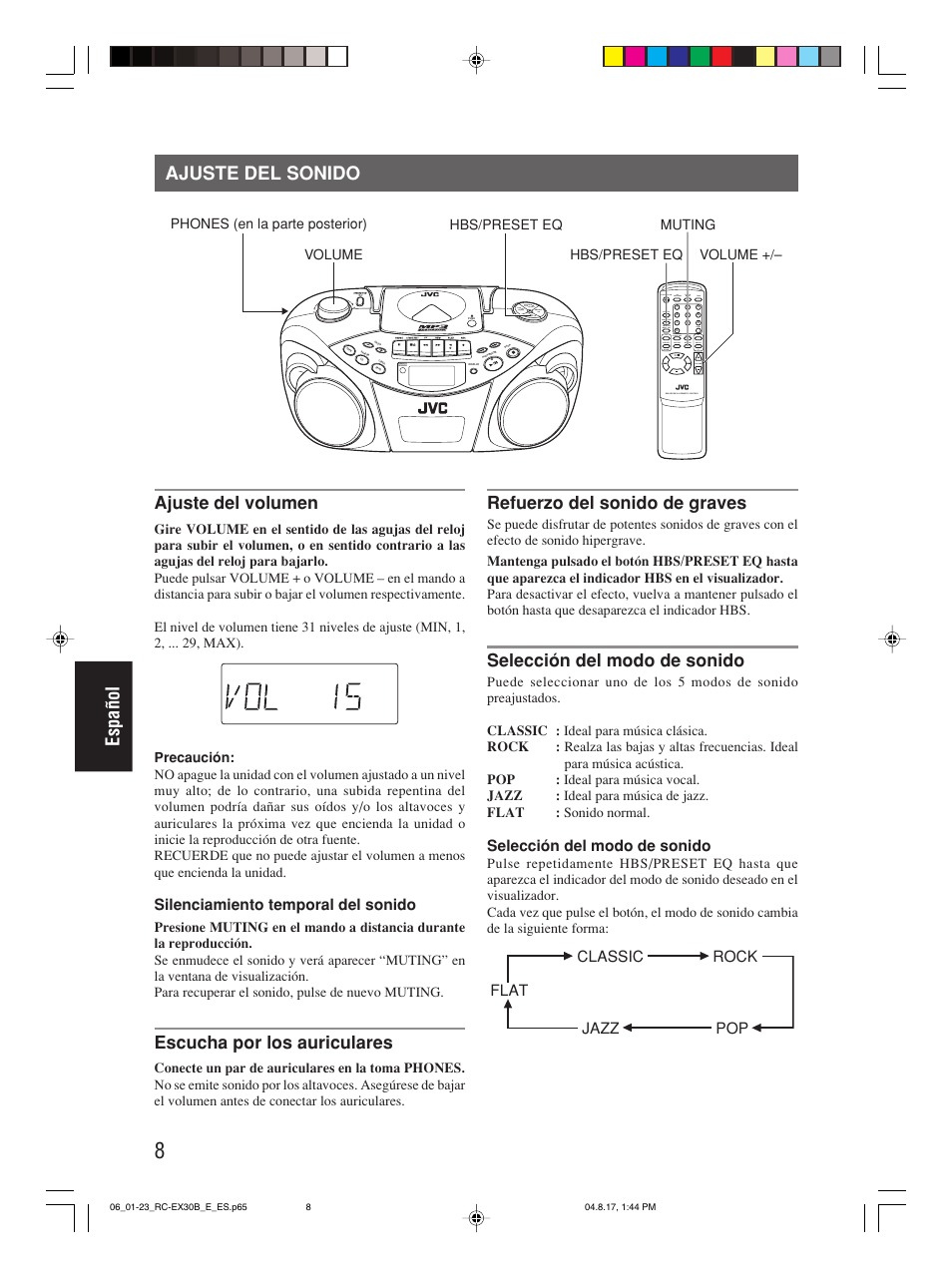 Ajuste del sonido, Español ajuste del sonido, Ajuste del volumen | Escucha por los auriculares, Refuerzo del sonido de graves, Selección del modo de sonido, Silenciamiento temporal del sonido, Pop classic rock jazz flat | JVC RC-EX30B User Manual | Page 105 / 144