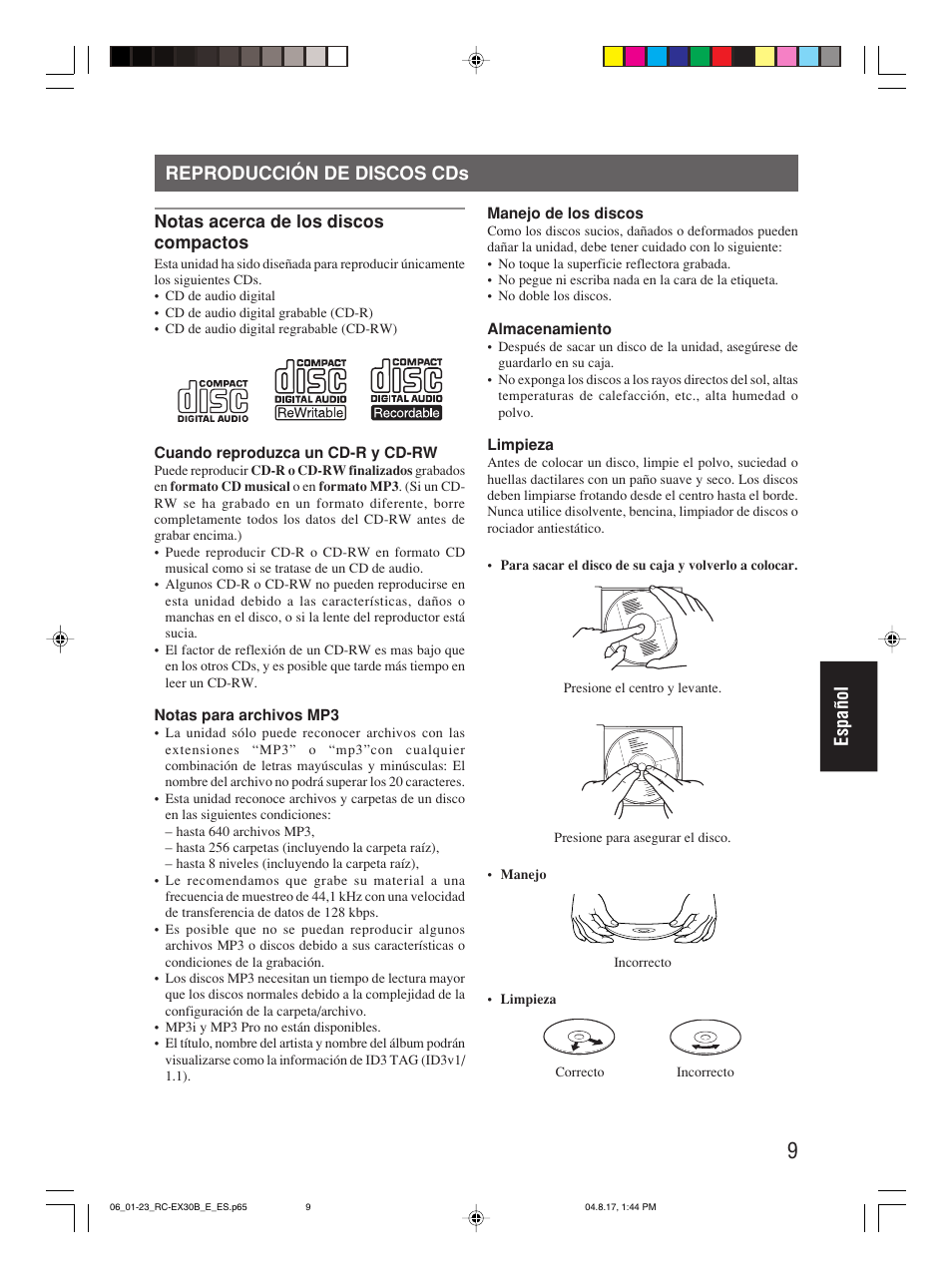 Reproducción de discos cds, Español reproducción de discos cds | JVC RC-EX30B User Manual | Page 106 / 144