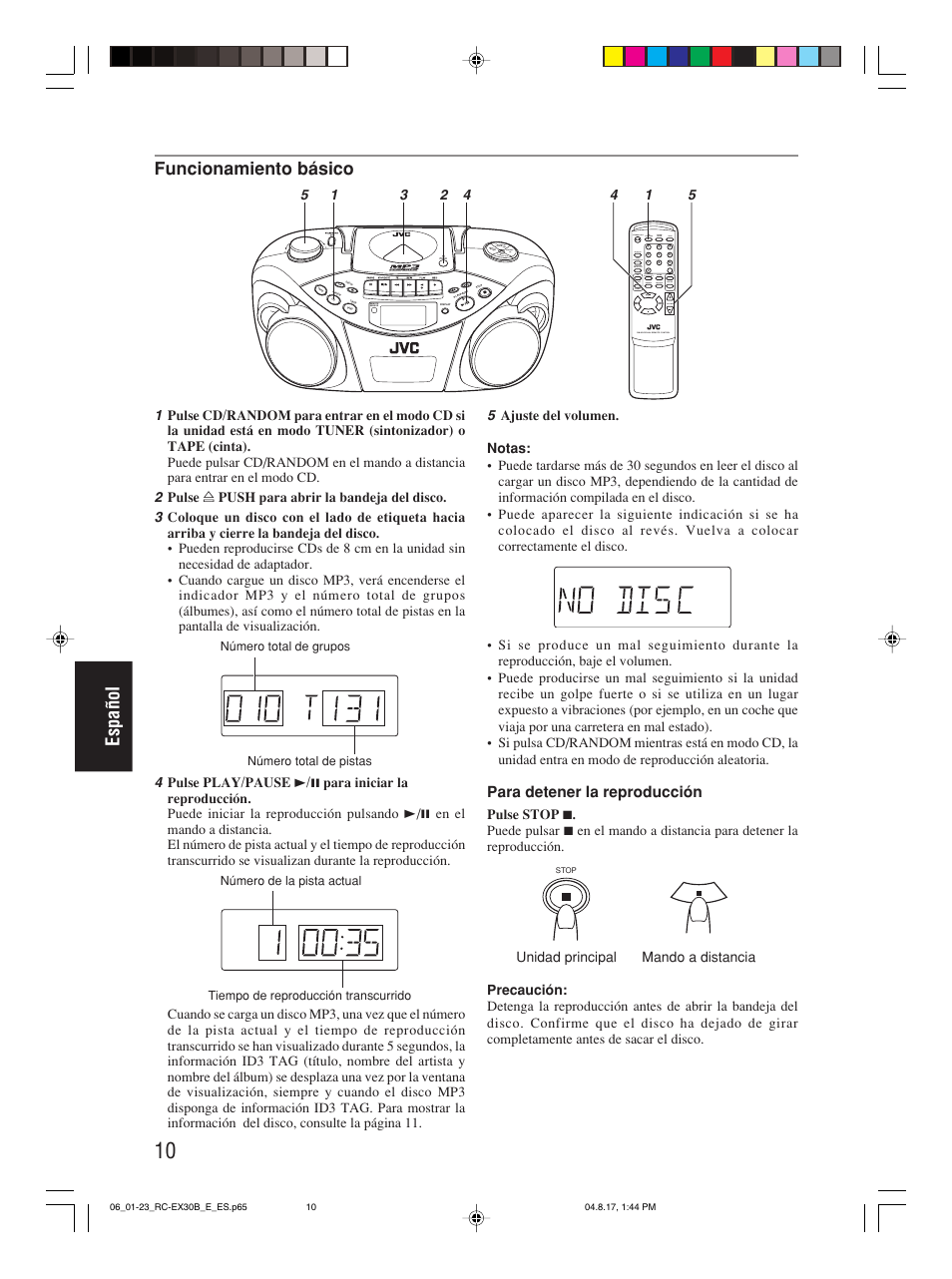 Español, Funcionamiento básico, Para detener la reproducción | JVC RC-EX30B User Manual | Page 107 / 144