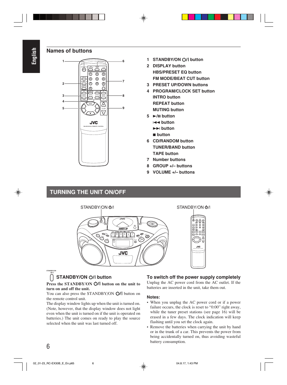 Turning the unit on/off, English, Names of buttons | Standby/on button, Program/ clock set hbs/ preset eq, Over cd/ random tuner/ band group, Standby/on | JVC RC-EX30B User Manual | Page 11 / 144