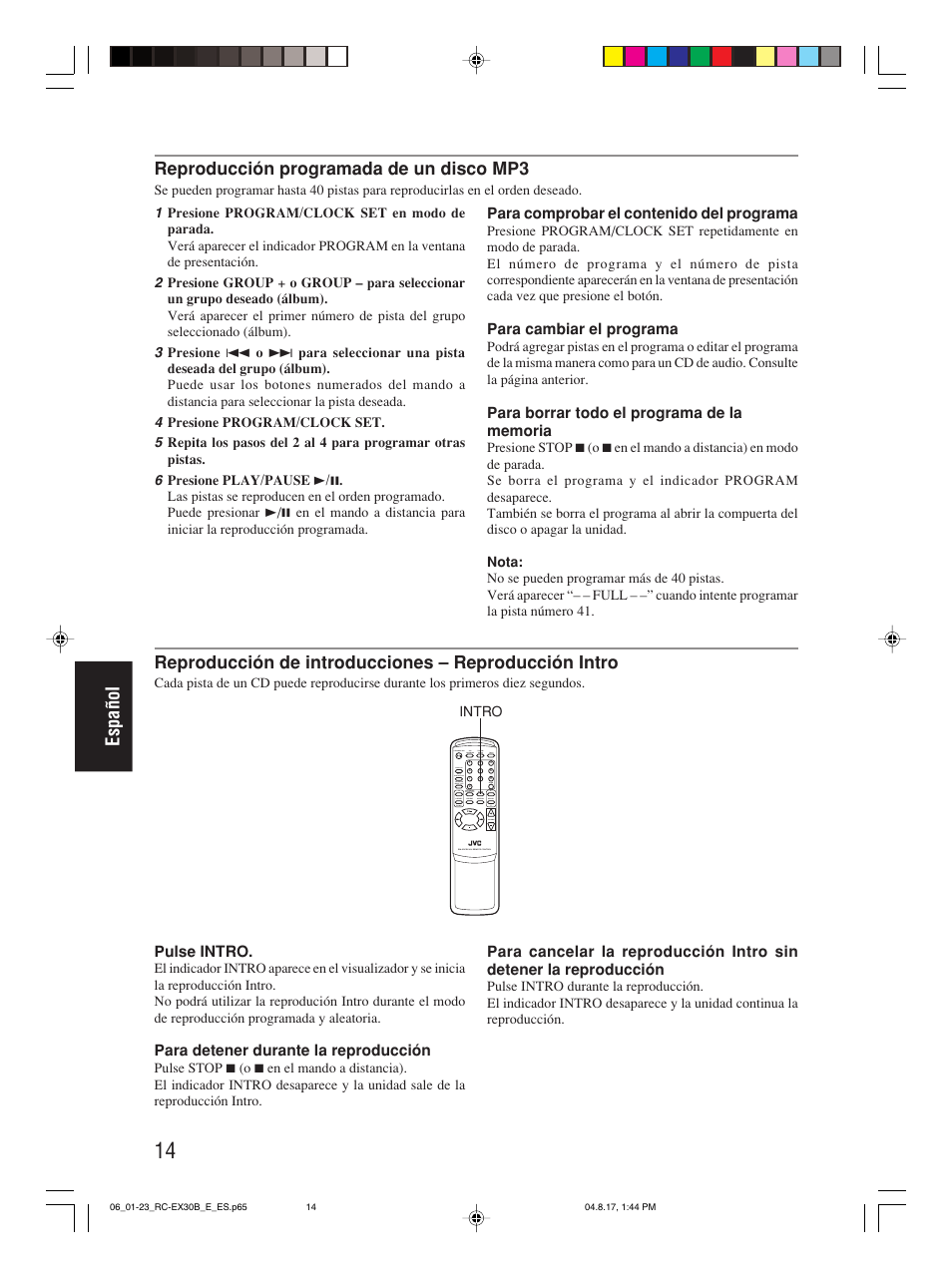 Español, Reproducción programada de un disco mp3 | JVC RC-EX30B User Manual | Page 111 / 144