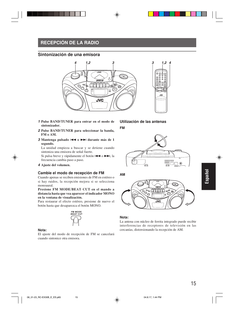 Recepción de la radio, Español recepción de la radio, Sintonización de una emisora | Cambie el modo de recepción de fm, Utilización de las antenas | JVC RC-EX30B User Manual | Page 112 / 144