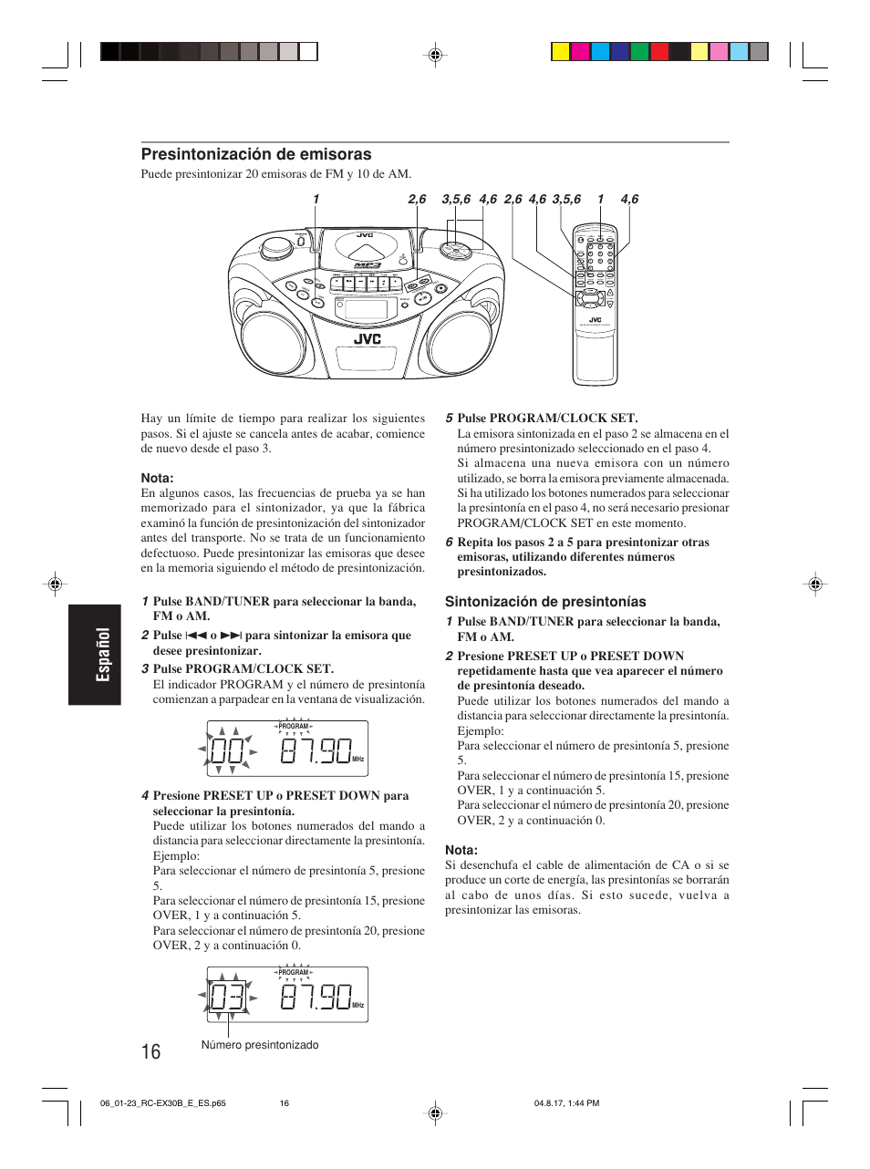 Español, Presintonización de emisoras, Sintonización de presintonías | Puede presintonizar 20 emisoras de fm y 10 de am, Program/ clock set hbs/ preset eq, Over cd/ random tuner/ band group | JVC RC-EX30B User Manual | Page 113 / 144