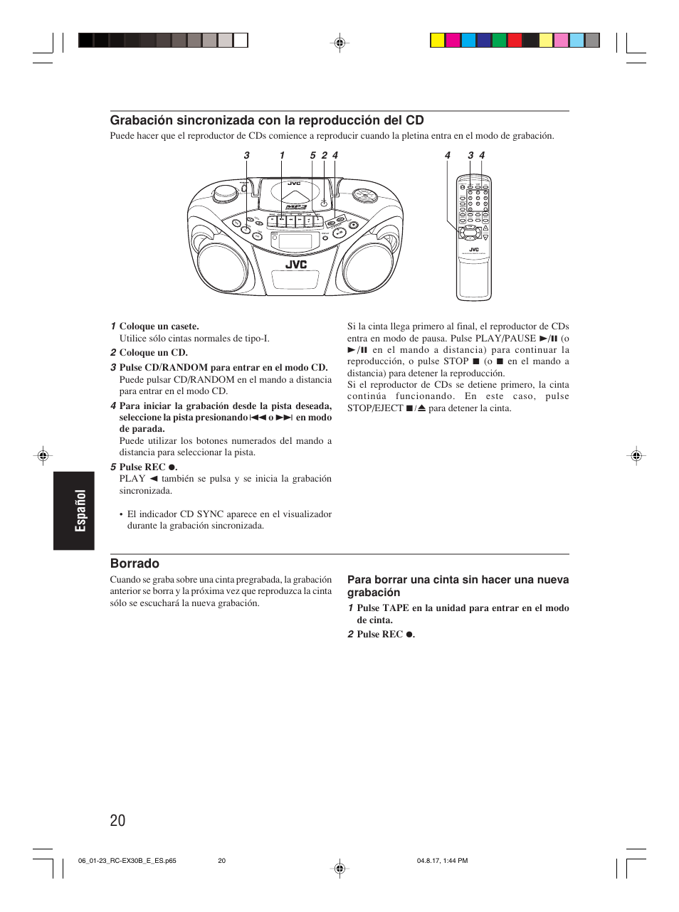 Español, Grabación sincronizada con la reproducción del cd, Borrado | JVC RC-EX30B User Manual | Page 117 / 144