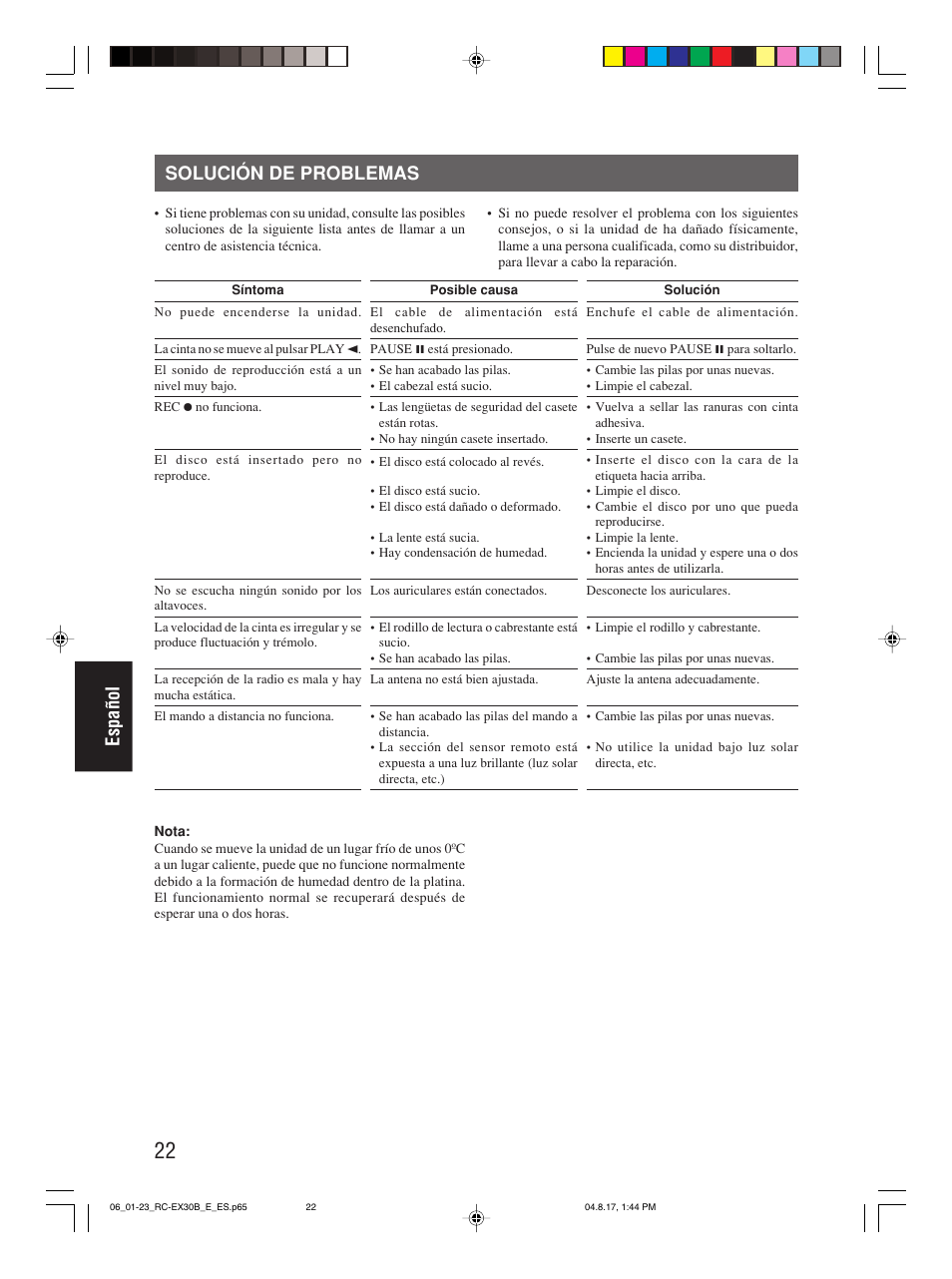 Solución de problemas, Español solución de problemas | JVC RC-EX30B User Manual | Page 119 / 144