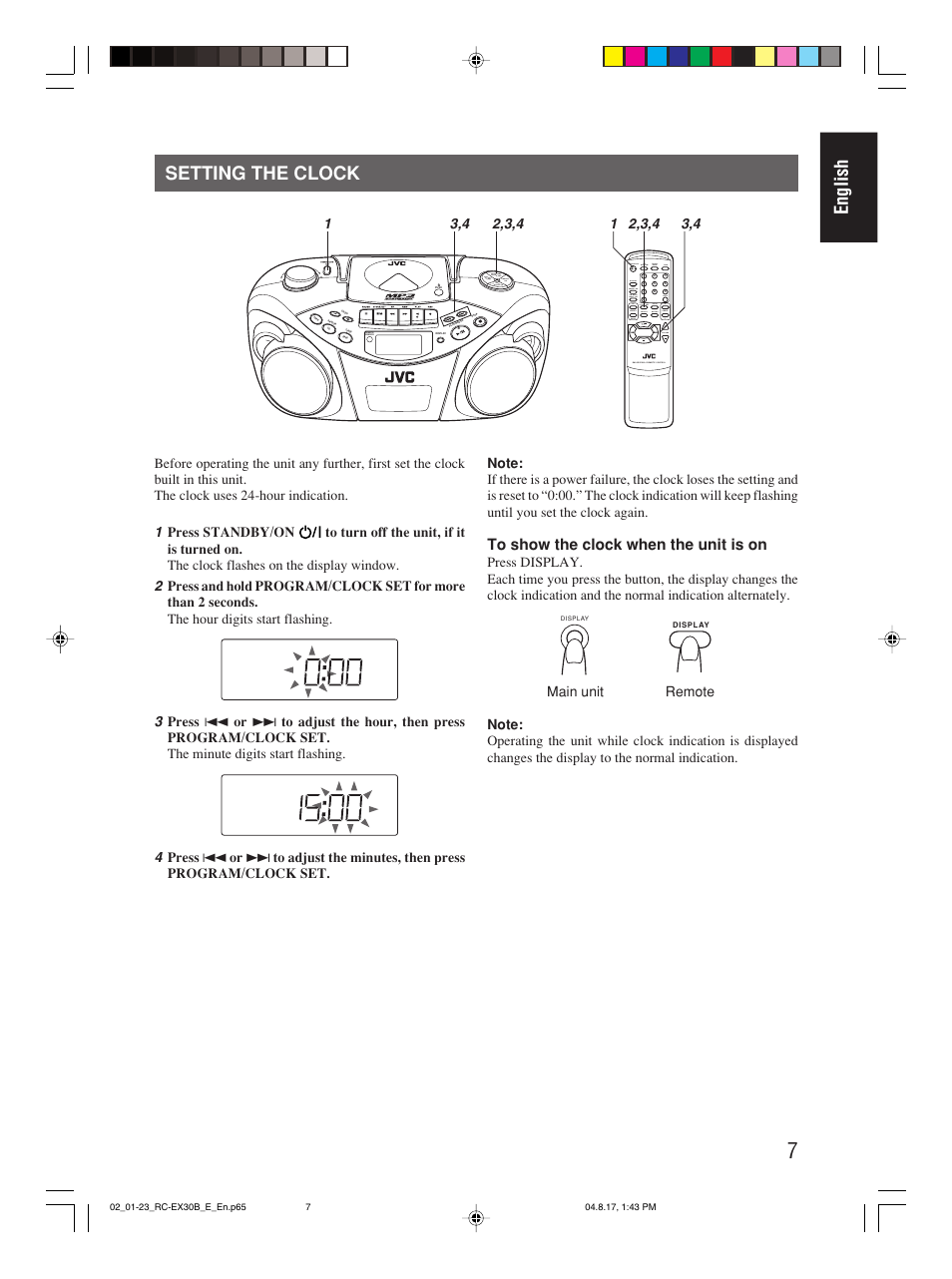 Setting the clock, English setting the clock, Program/ clock set hbs/ preset eq | Over cd/ random tuner/ band group | JVC RC-EX30B User Manual | Page 12 / 144