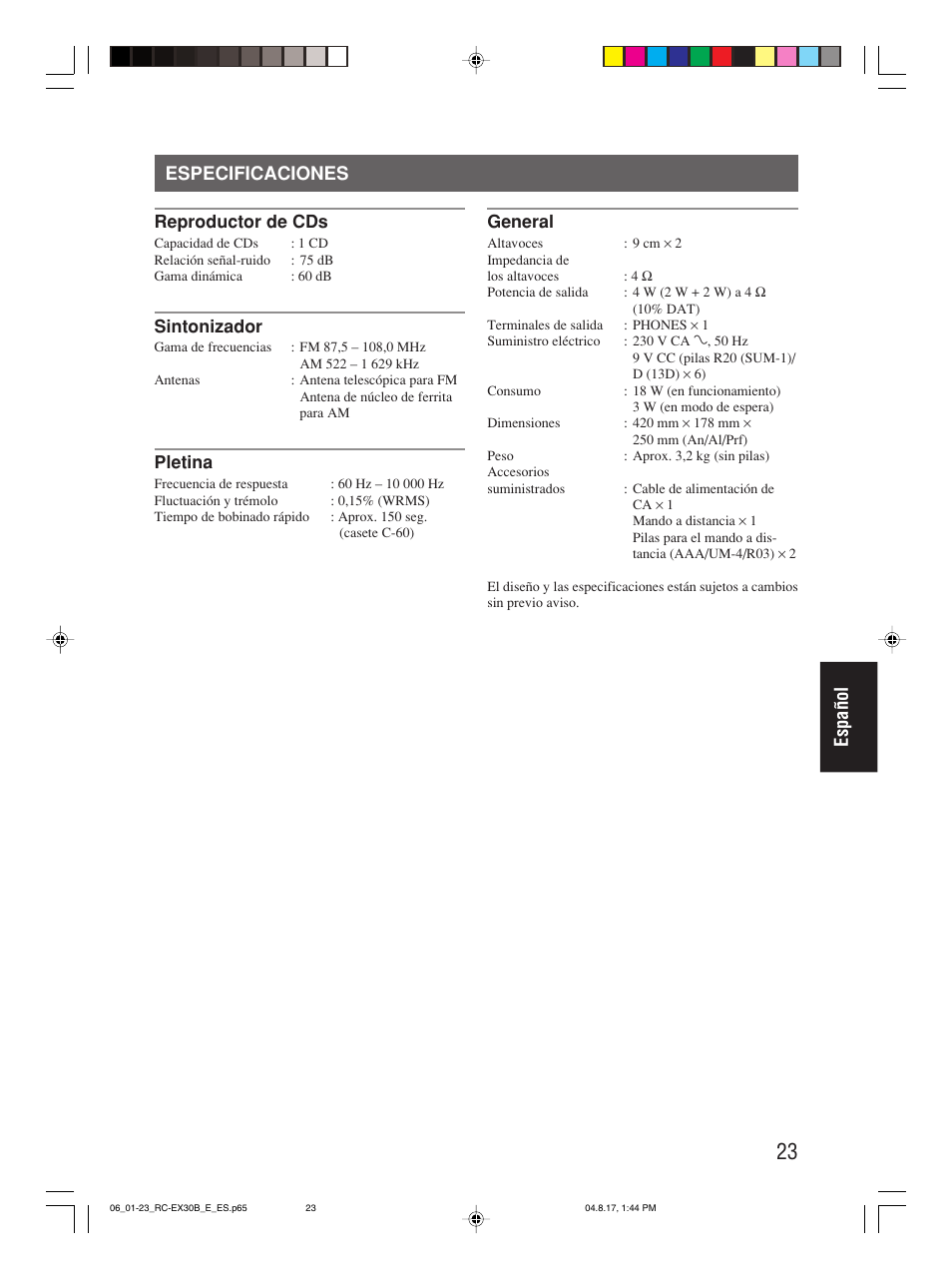 Especificaciones, Español especificaciones | JVC RC-EX30B User Manual | Page 120 / 144