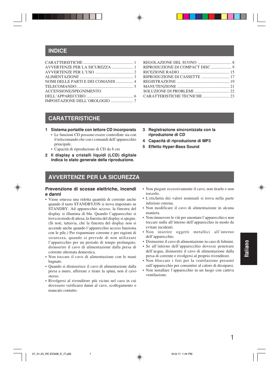 Indice, Caratteristiche, Avvertenze per la sicurezza | Italiano indice | JVC RC-EX30B User Manual | Page 121 / 144