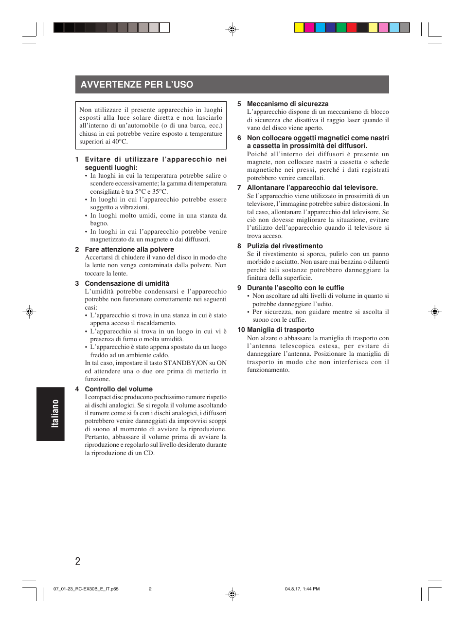 Avvertenze per l’uso, Italiano | JVC RC-EX30B User Manual | Page 122 / 144