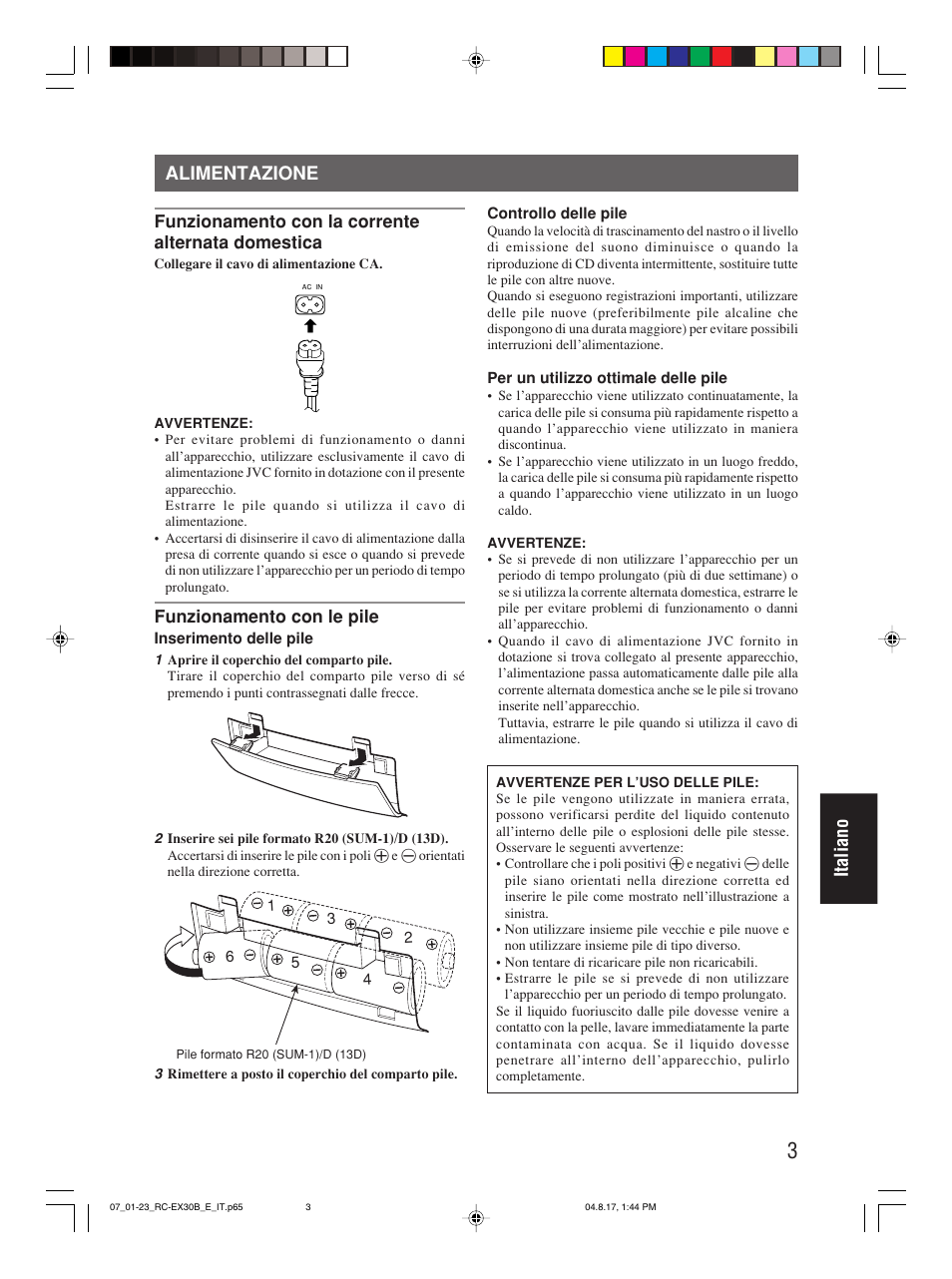 Alimentazione, Italiano | JVC RC-EX30B User Manual | Page 123 / 144