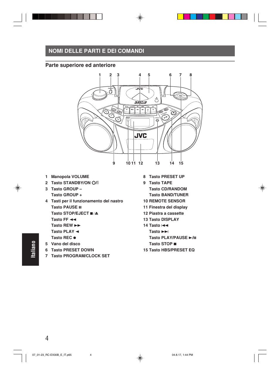 Nomi delle parti e dei comandi, Italiano nomi delle parti e dei comandi, Parte superiore ed anteriore | JVC RC-EX30B User Manual | Page 124 / 144